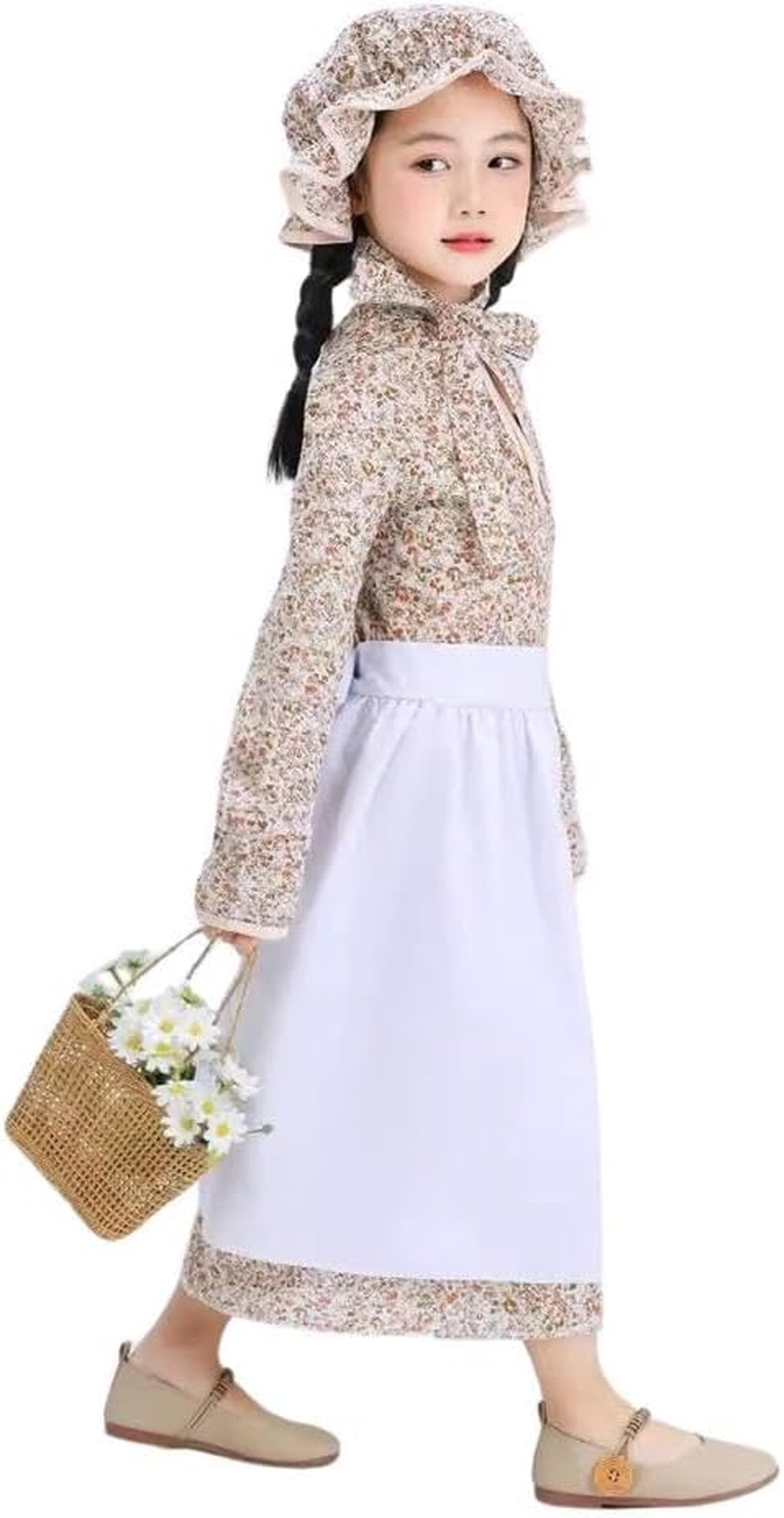 Dressy Daisy Pioneer Colonial Prairie Floral Dress Costume Clothing with Apron and Bonnet Hat for Little Girls Size 5-12