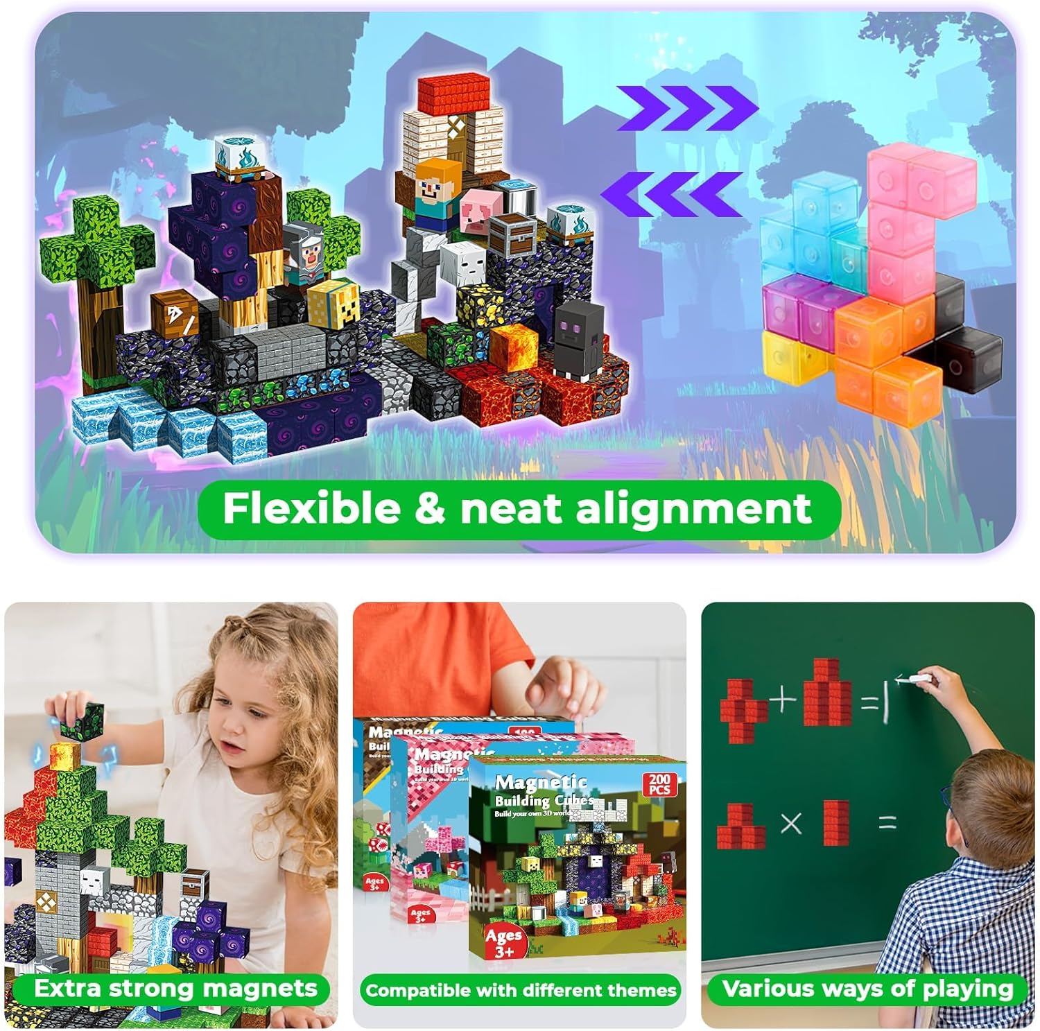 200 PCS Magnetic Blocks - Magnet Toys for Kids, Boys and Girls, Magnetic Building Blocks Cubes, Stacking Magnets for Kids, Birthday Gifts for Boys and Girls Age 3+ Years Old image number 3
