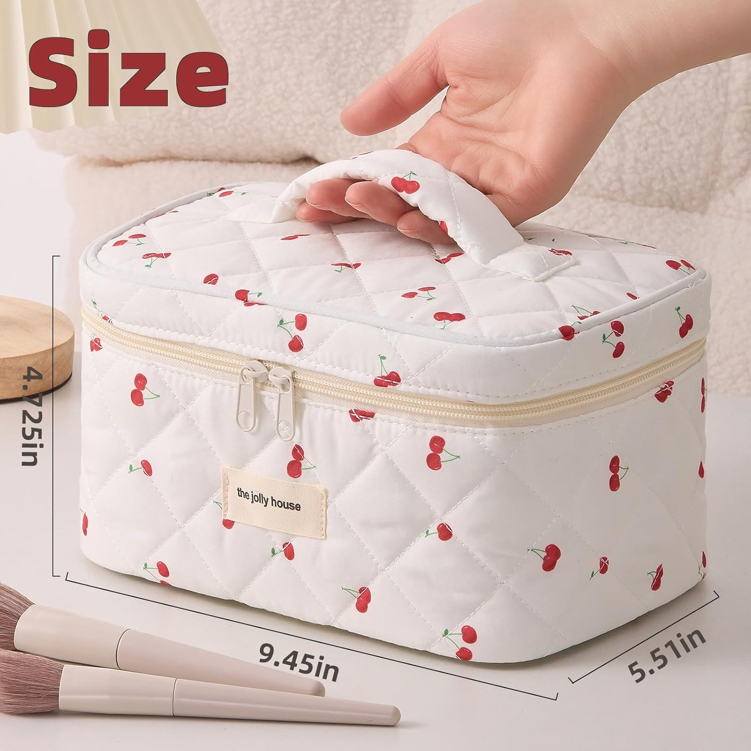 Quilted Cosmetic Bag Large Capacity Travel Cosmetic Bag for Women and Girls, Aesthetic Storage for Daily and Travel (Red Bigcherry) image number 6