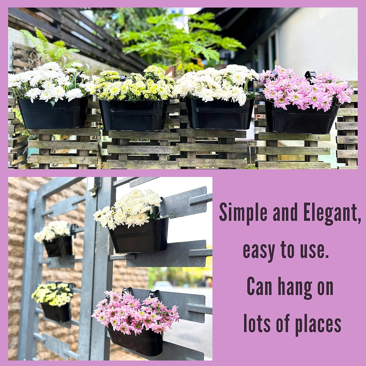Lalagreen Outdoor Rail Planter (4 Pack, 11.8 Inch) Black Metal Iron Hanging Flower Pots Deck Railings Fence Buckets Modern Countryside Boho Style Wall Mount Window Box Plant Holder Hooks Porch Decor image number 4