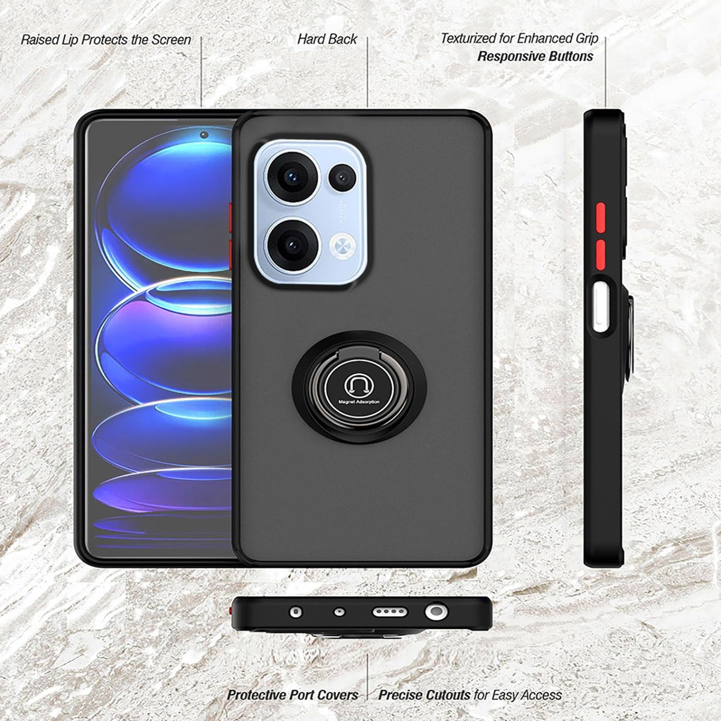 ILING Mobile Phone Case for Oppo Reno 13 5G, Ultra Thin Shockproof Translucent Matte Hard PC Back Case, Soft Silicone TPU Bumper Protective Case with Ring Stand (Black) - Army Green image number 5