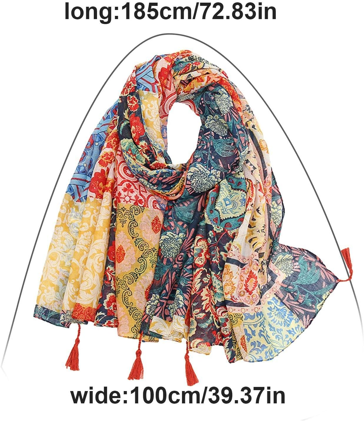 Boho Printed Scarf | Lightweight Boho Cotton Scarf Wrap Boho Scarf with Fringe | Winter Fashion Vintage Scarf for Beach Swimming Pool Travel Work, Multi-Coloured, Siehe Beschreibung image number 2