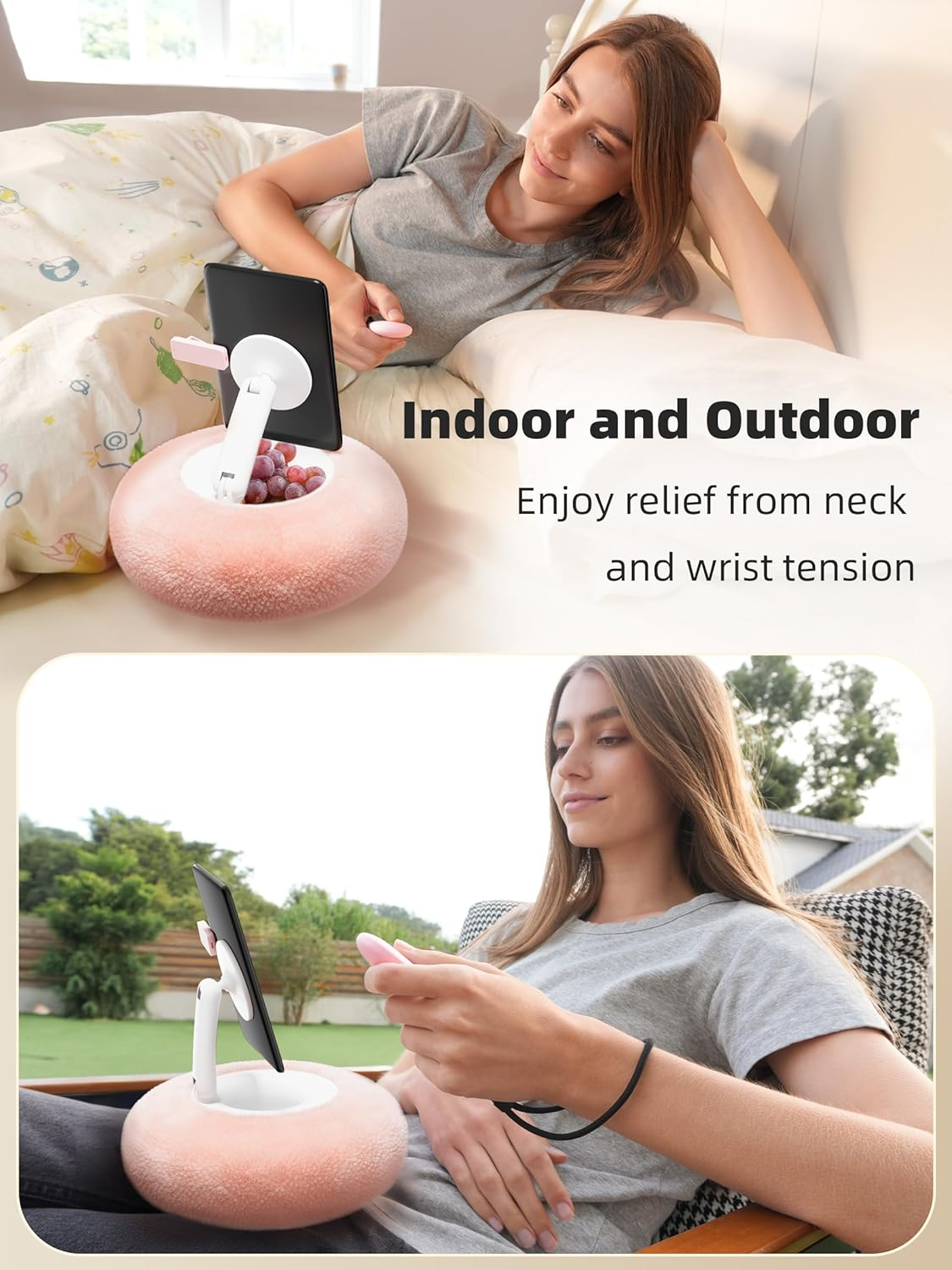 Magnetic Kindle Holder with Page Turner, Cozy Pillow Kindle Stand for Reading, 360&deg; Adjustable Phone Holder for Bed, Small Bowl for Tablet Stand with Stable Suction Base (Pink) - White image number 5