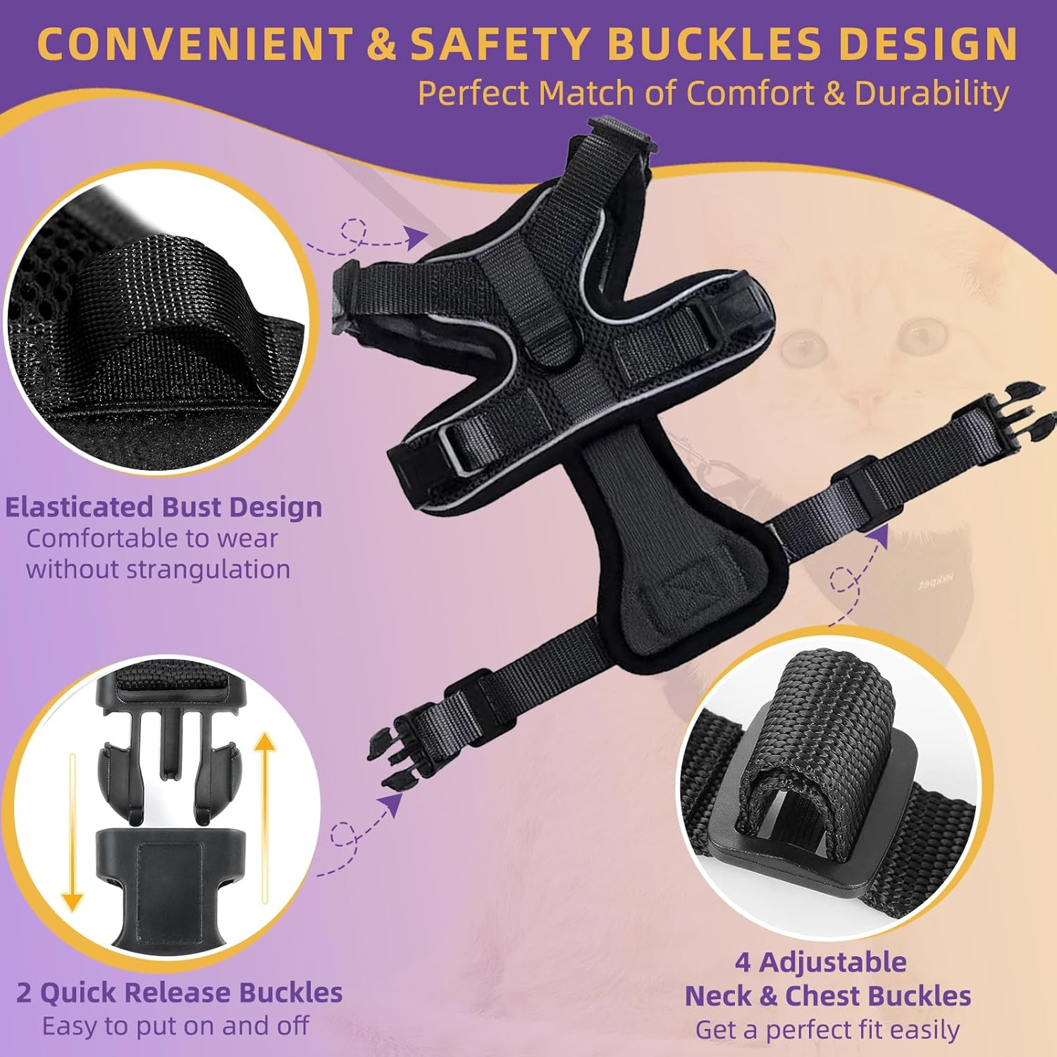 Adjustable Cat Harness and Leash Set for Outdoor Walking, Escape Proof Safe Cat Vest Harness,Soft Breathable Mesh Cat Harness with Reflective Strips,Black (S) image number 6