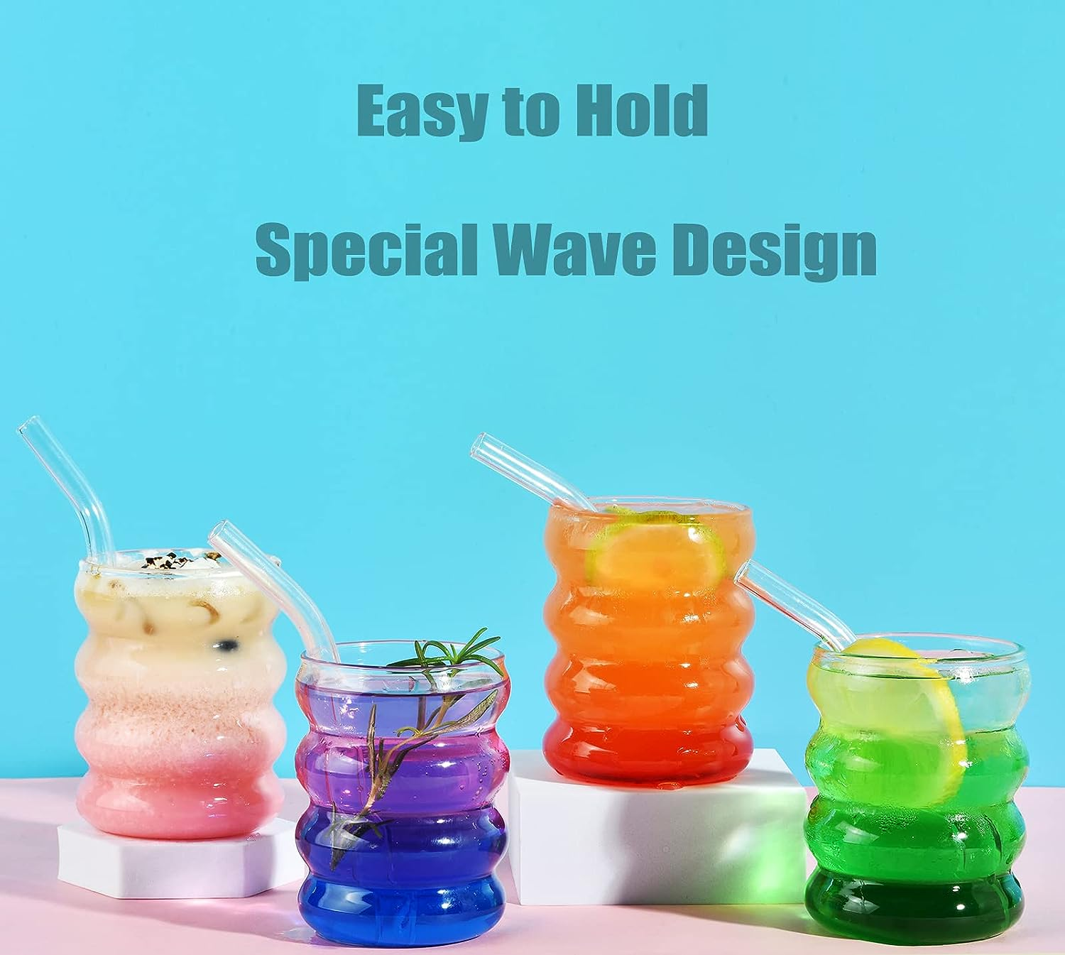 ALINK Ribbed Drinking Glass Cups with Glass Straws Set of 4, 12 Oz Aesthetic Iced Coffee Glasses, Wave Bubble Glasses Tumbler, Ripple Glassware, Beer Glasses for Coctail, Milk, Soda, Gift with Brush image number 5