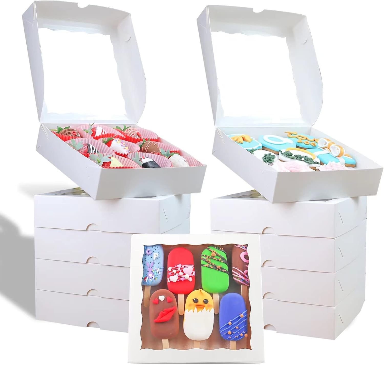 Romanticbaking 50Pcs 8X8X2 Inches Bakery Boxes with Window Cookies Boxes Chocolate Covered Strawberries Boxes Pretzel Boxes Cakesicle Browines Boxes image number 2