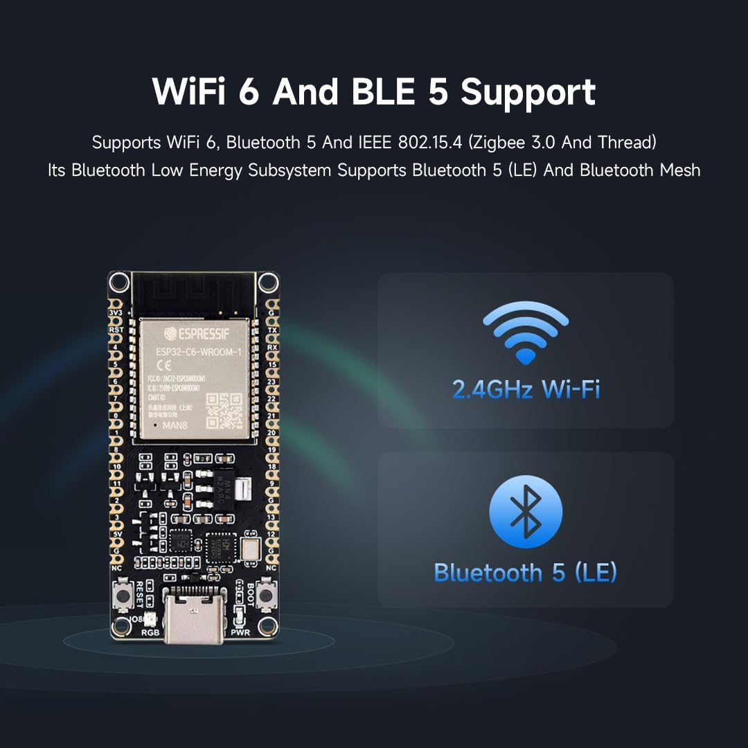 Waveshare ESP32-C6 Microcontroller, W-F 6 Development Board, 160Mhz Single-Core Processor, ESP32-C6-WROOM-1-NX Series Module, Supports USB and UART Development,16Mb Flash, with Pinheader image number 5
