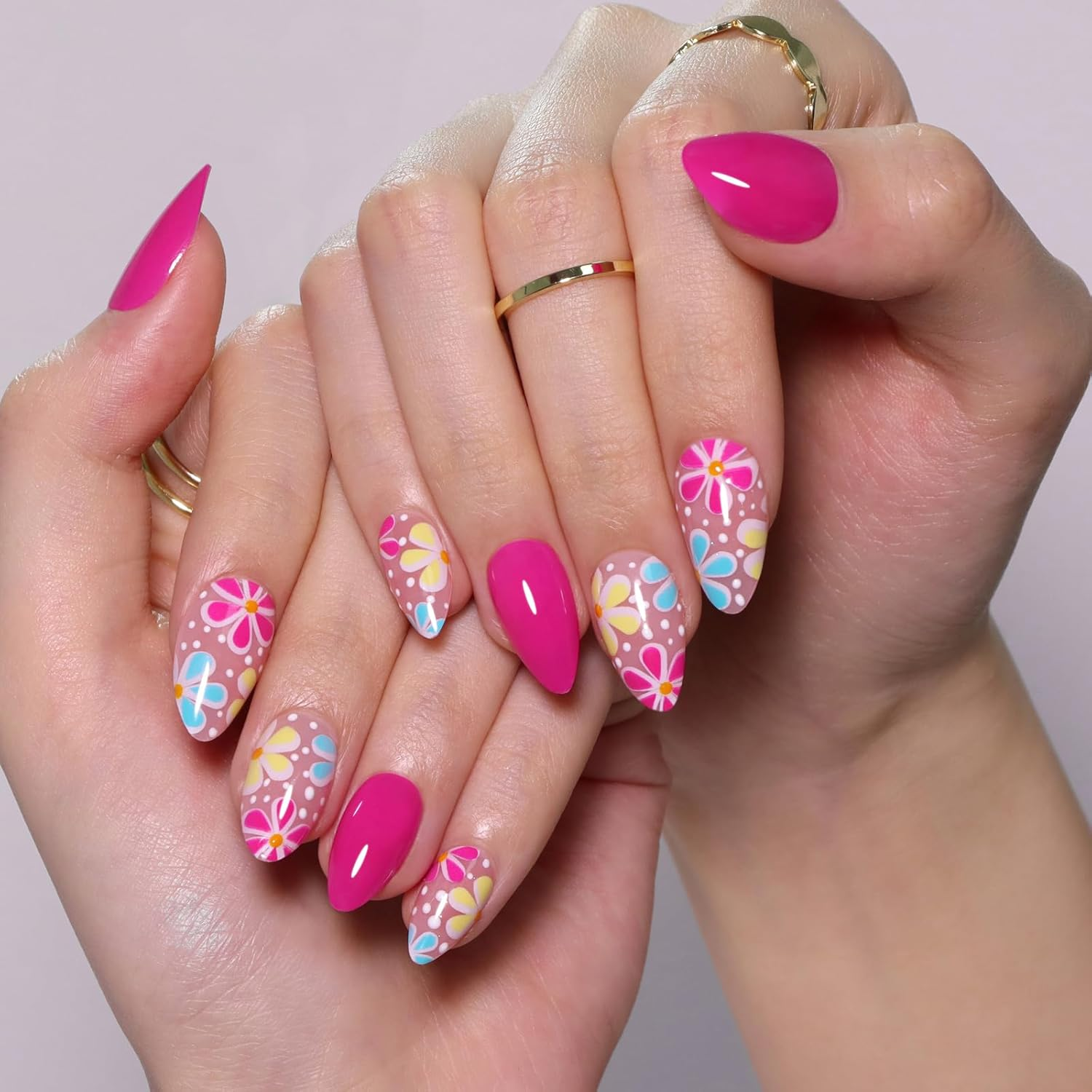 Noerrors 24 Pieces Short Almond Rose Red Flower Design Push Nails in Hot Pink Spring Summer Exquisite Glue and Stick Nail Art Manicure - Gradual French image number 7