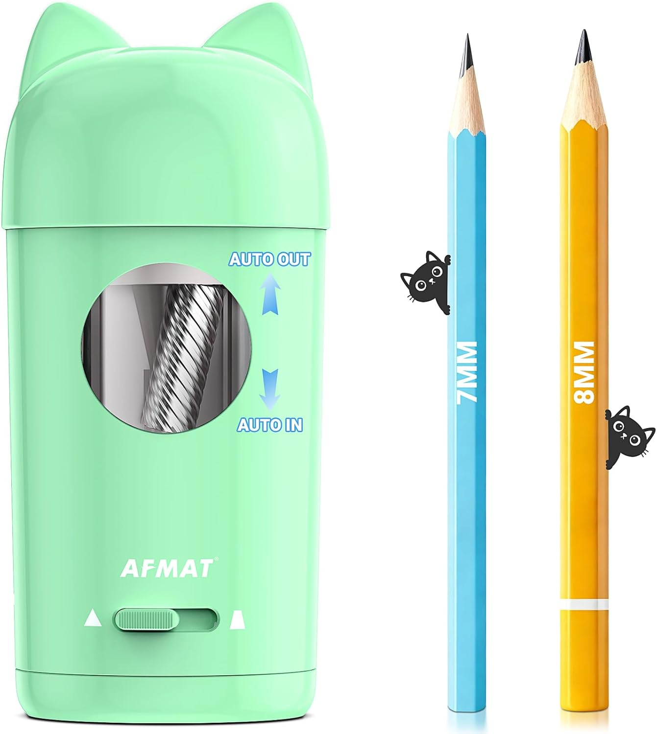 AFMAT Fully Automatic Electric Pencil Sharpener with Cat Ears, Electric Pencil Sharpener with Container for 7-8 Mm Pens (Thick & Thin) - USB Sharpener Children, Gift for School/Office, Green