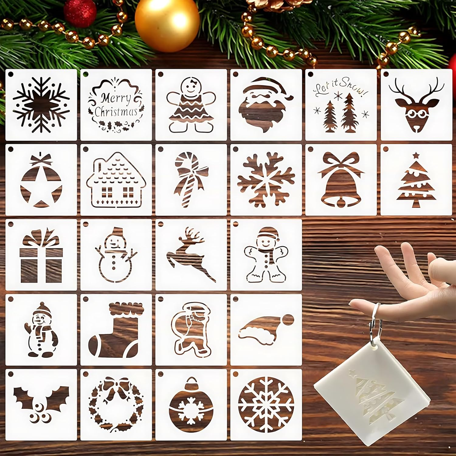 24 Pcs Christmas Stencils for Painting, Reusable Stencil Set for Crafts, DIY Wood Decorations, Includes Santa Claus, Tree, Snowflakes, Snowman image number 6