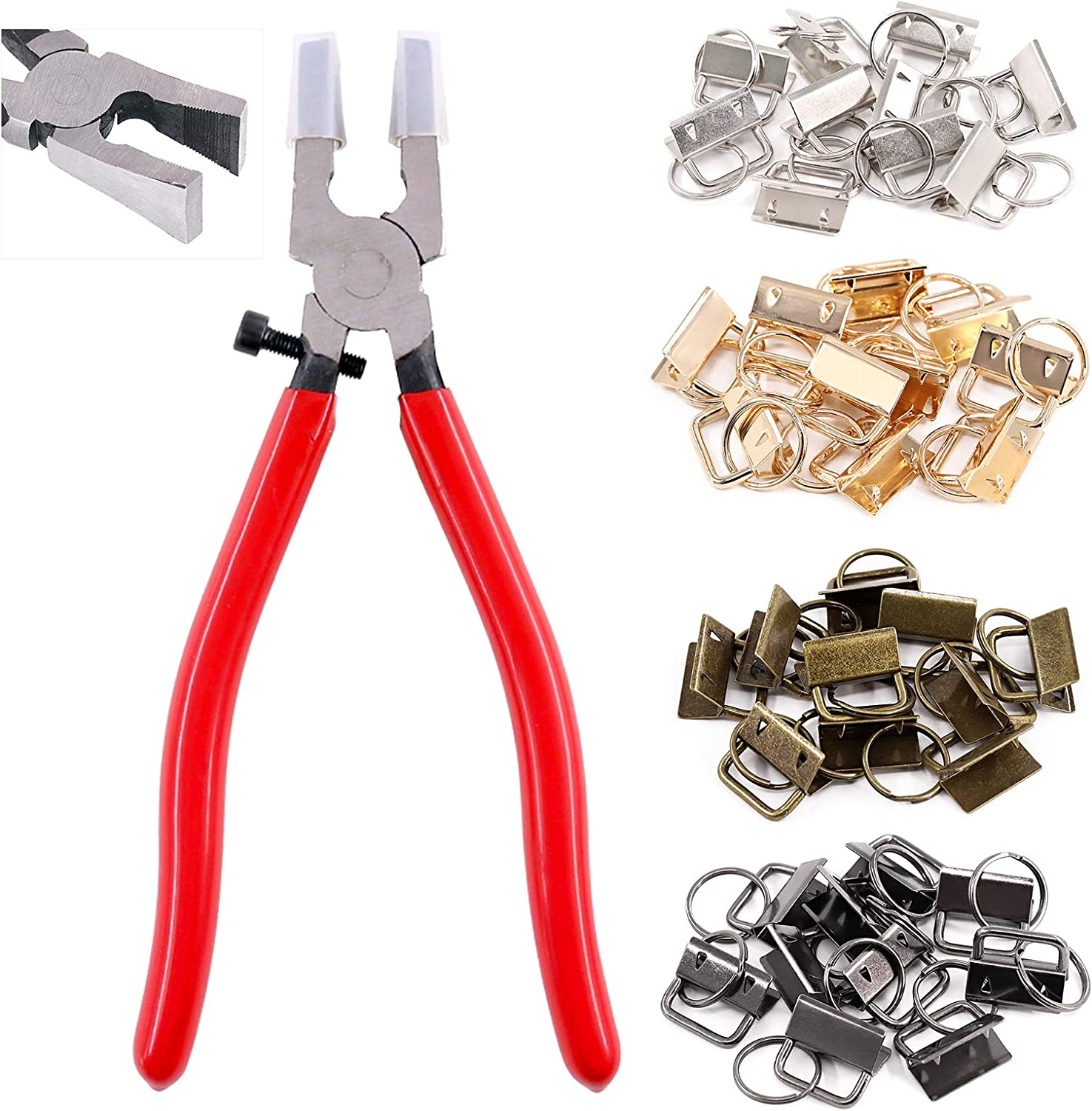 Swpeet 41 Sets 1" 25Mm 4 Colors Key Fob Hardware with 1Pcs Key Fob Pliers, Glass Running Pliers Tools with Jaws, Studio Running Pliers Attach Rubber Tips Perfect for Key Fob 4Hardware Install
