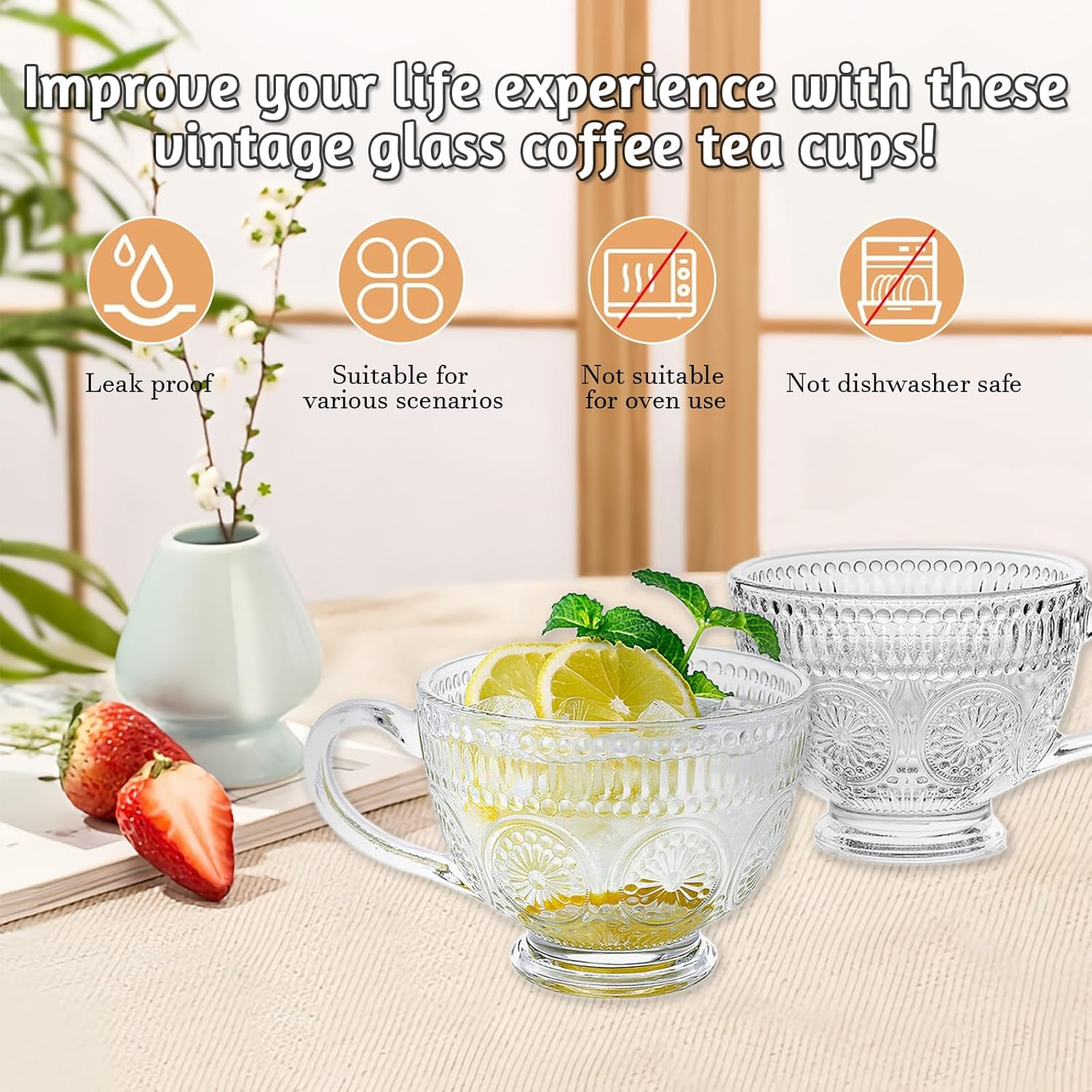 4PCS Vintage Glass Coffee Tea Mugs, 13.5 Oz Embossed Clear Glass Tea Set with Handle, Drinking Glassware for Latte, Cappuccino, Americano, Juice, Hot Drinks, Cold Drinks image number 4