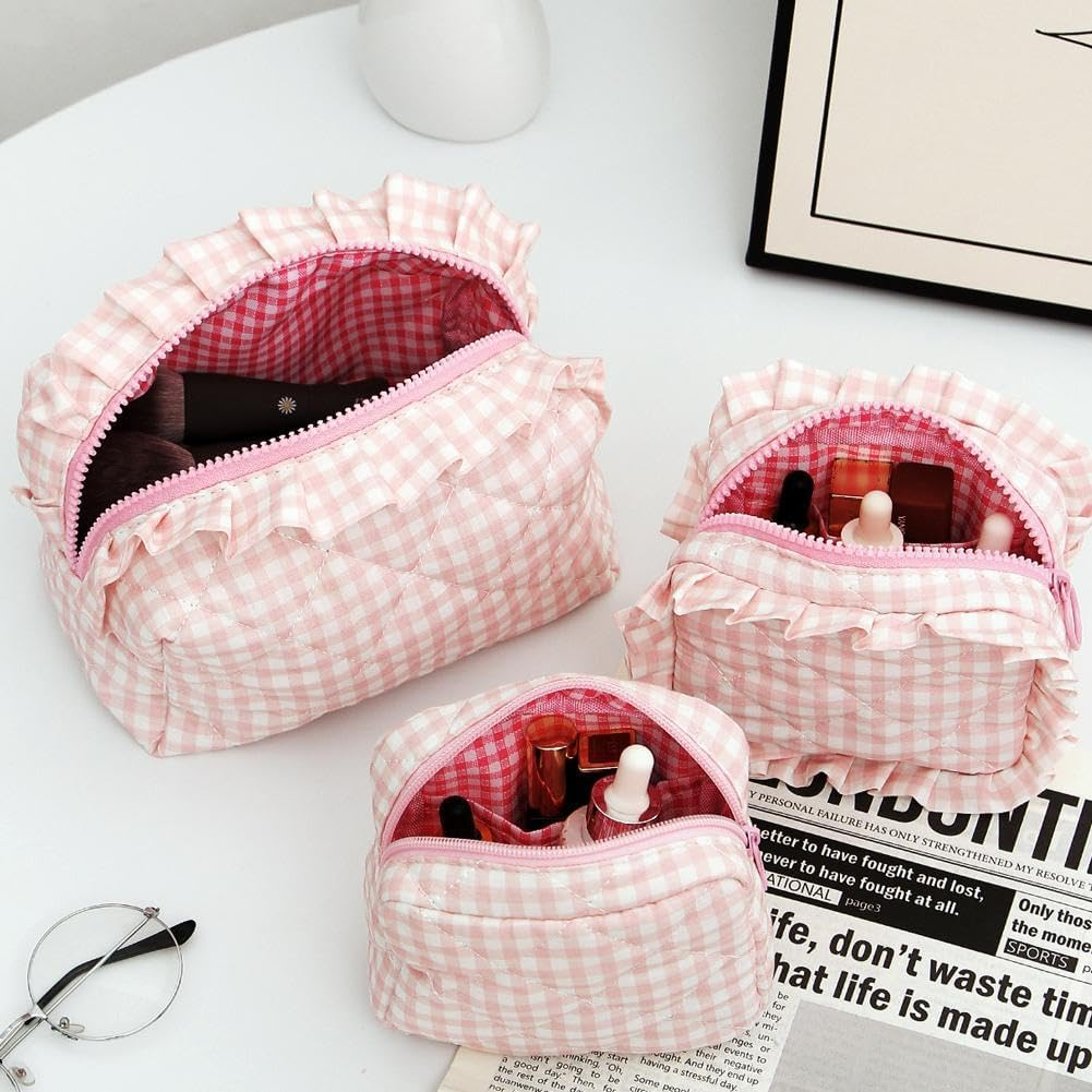 Gingham Ruffle Makeup Bag,Large Travel Cute Cosmetic Bag for Women,Cotton Zipper Pouch and Accessories Storage Bag, Travel Pouch,Aesthetic Puffy Toiletry Bag Make up Organizer (Purple) image number 4