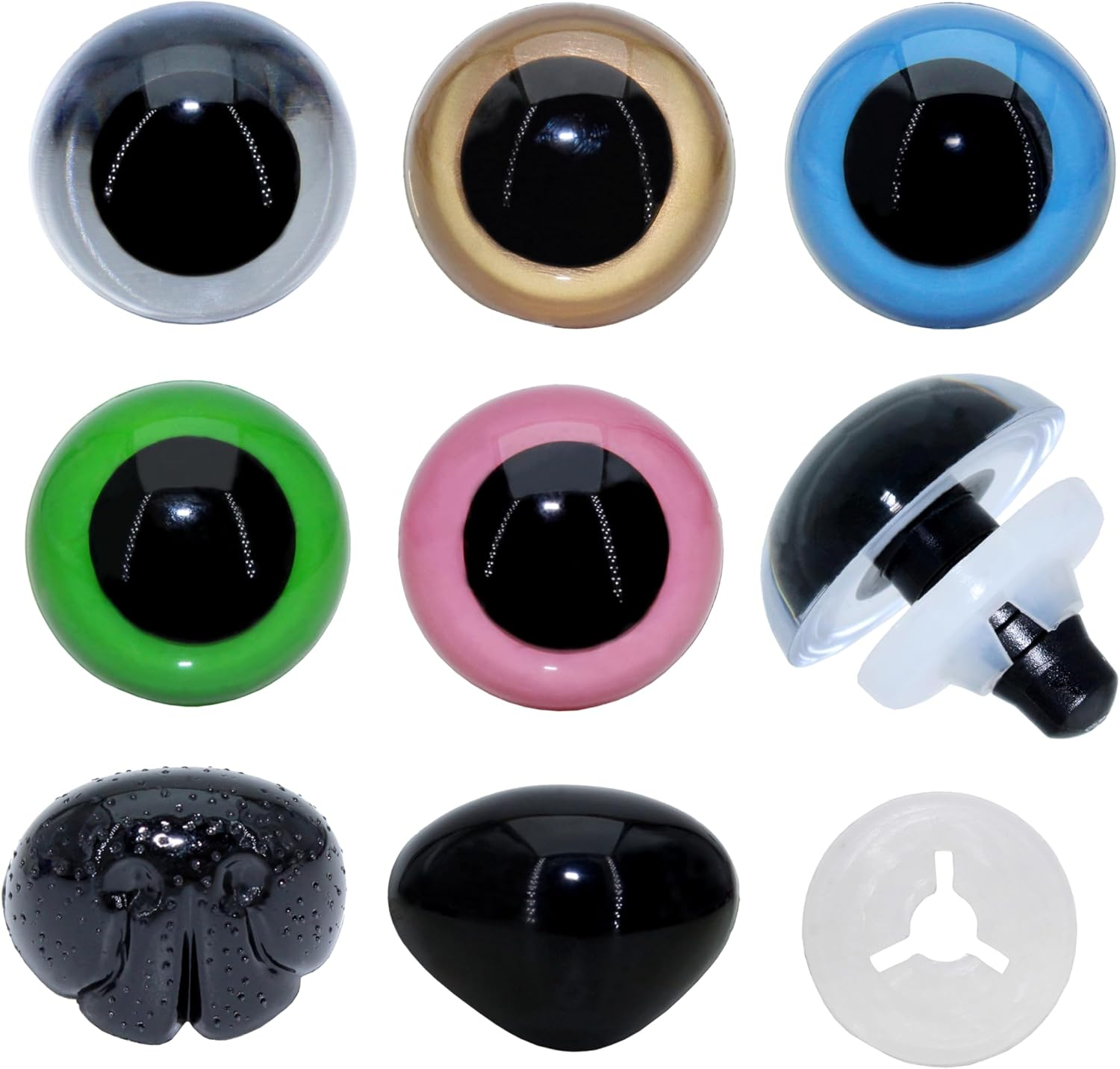 BESTCYC 1Box(30Pcs) Large Plastic Safety Eyes and Nose - 5Colors 24Mm Solid Plastic Safety Eyes Craft Eyes and 26.5Mm Black Safety Nose Dog Nose Craft Nose with Washers for Teddy Bear Doll Plush Animal Puppet Crafts