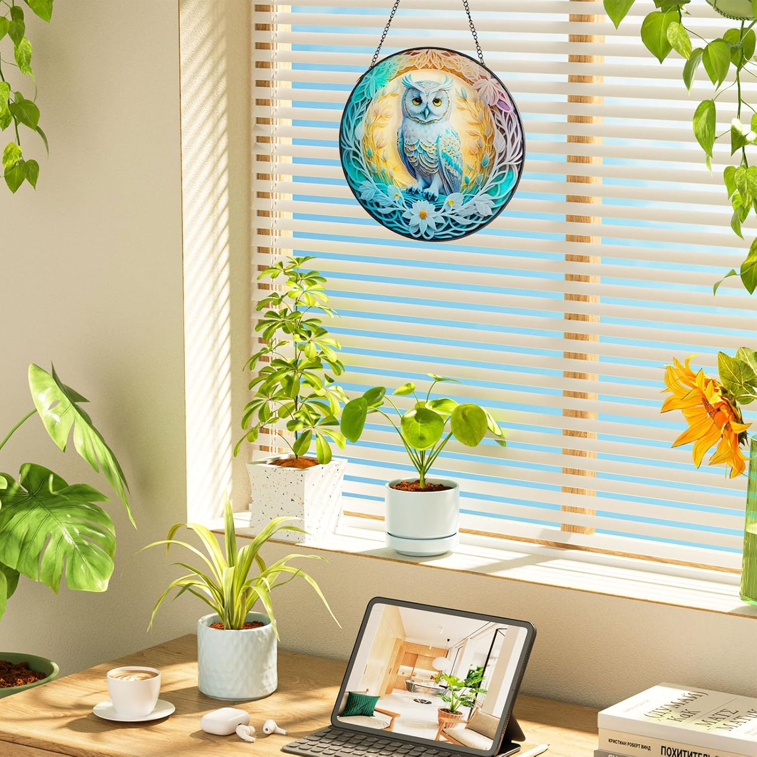 Owl Stained Glass Window Hanging,Colored Suncatchers, Christmas Ornaments,Suncatcher Gifts for Owl Lovers Decor for Home Garden (Style C)