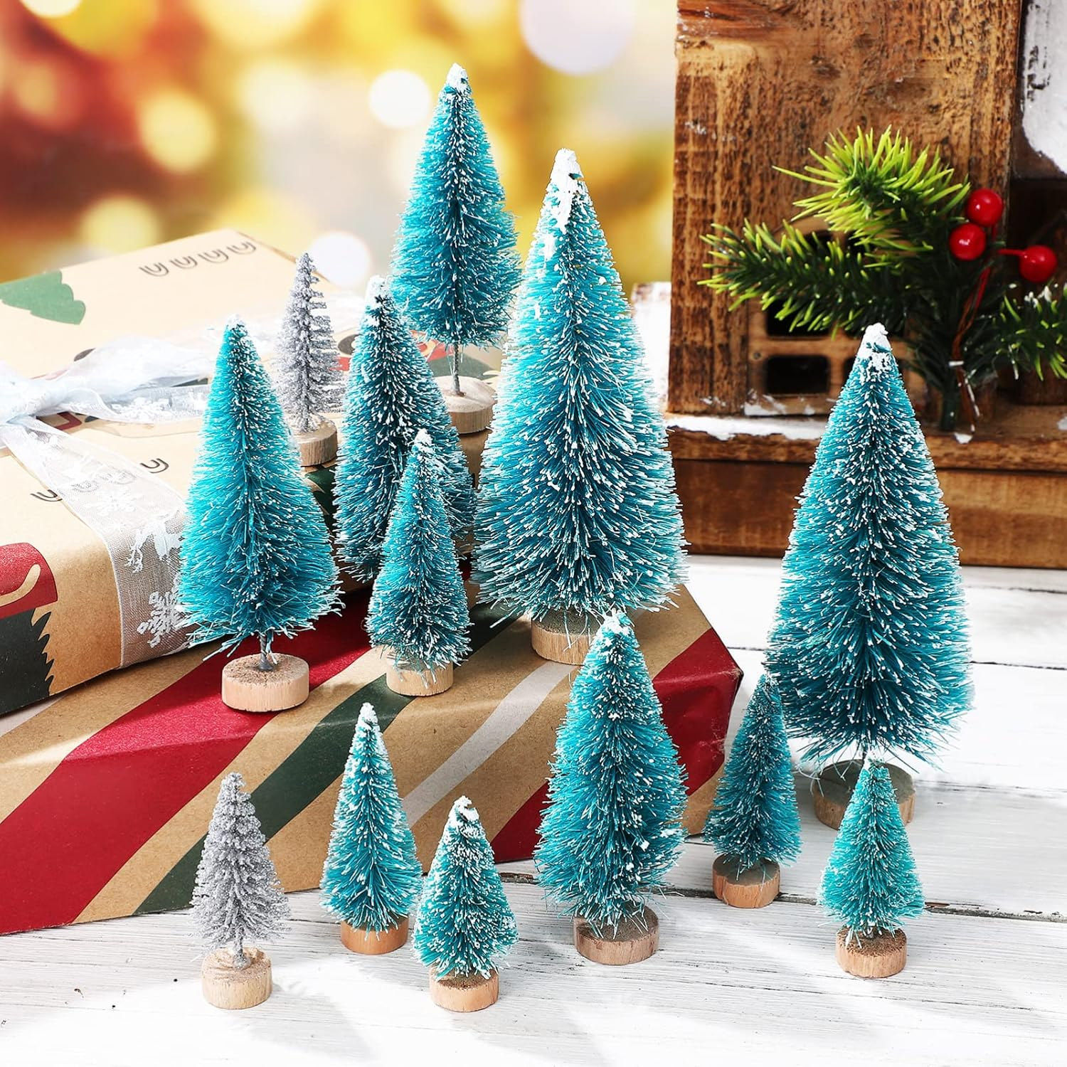 Ciieeo 84Pcs Mini Sisal Frost Trees Plastic Christmas Trees Ornaments for Desktop and Use image number 5