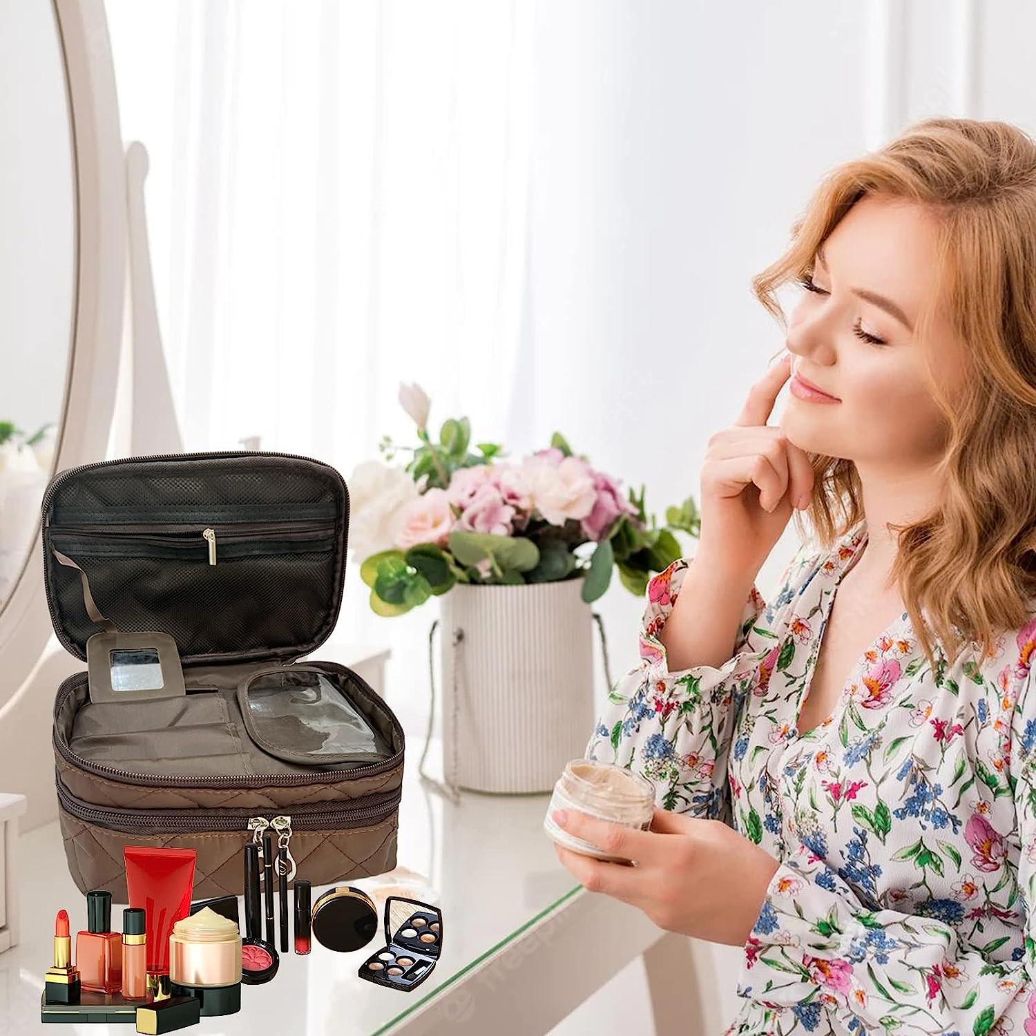 2 Layer Makeup Bag Organizer, Portable Travel Toiletry Bag, Large Capacity Make up Bag with Brush Compartment and Makeup Mirror, Multifunctional Cosmetic Bags for Women Travel Cosmetic Storage image number 5