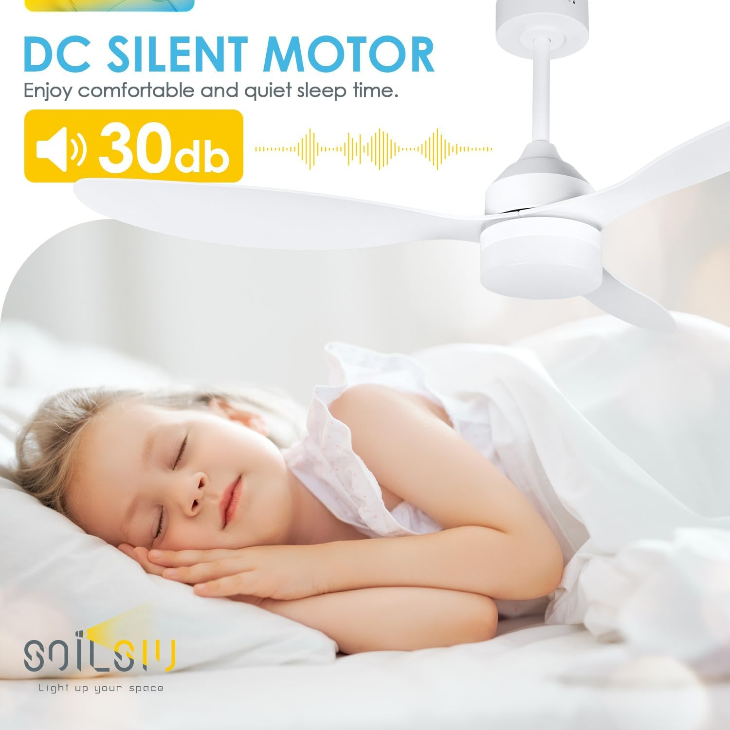 Soilsiu Ceiling Fans with Lights, 52 Inch Low Profile Ceiling Fan with Light and Remote, Flush Mount Ceiling Fan for Bedroom, Flush Mount, Reversible, 3CCT, Dimmable, Noiseless (White)