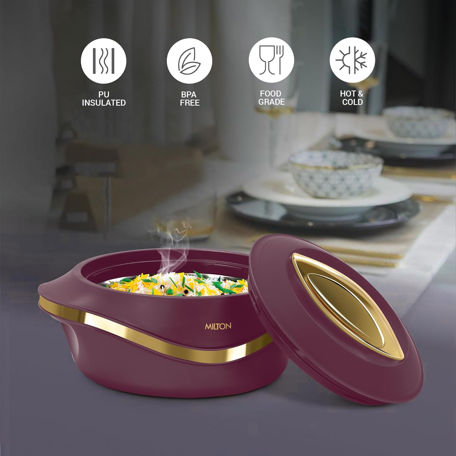 Milton Casserole Double Walled Inner Stainless Steel Serving Casserole Set of 3 (860 Ml, 1.27 Litre, 1.96 Litre), PU Insulated Kitchen Hot Pot, Keeps Food Hot & Fresh for Roti,Pearl - Marron image number 5