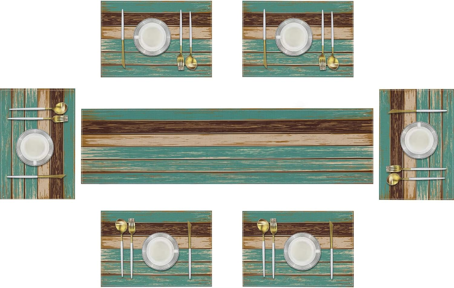 Emvency Farmhouse Table Runner and Placemats Set of 6, Cotton-Linen Modern Orange and White Painting Art Dining Table Decor for Daily Use(1 Table Runner 72Inches Long and 6 Placemats)