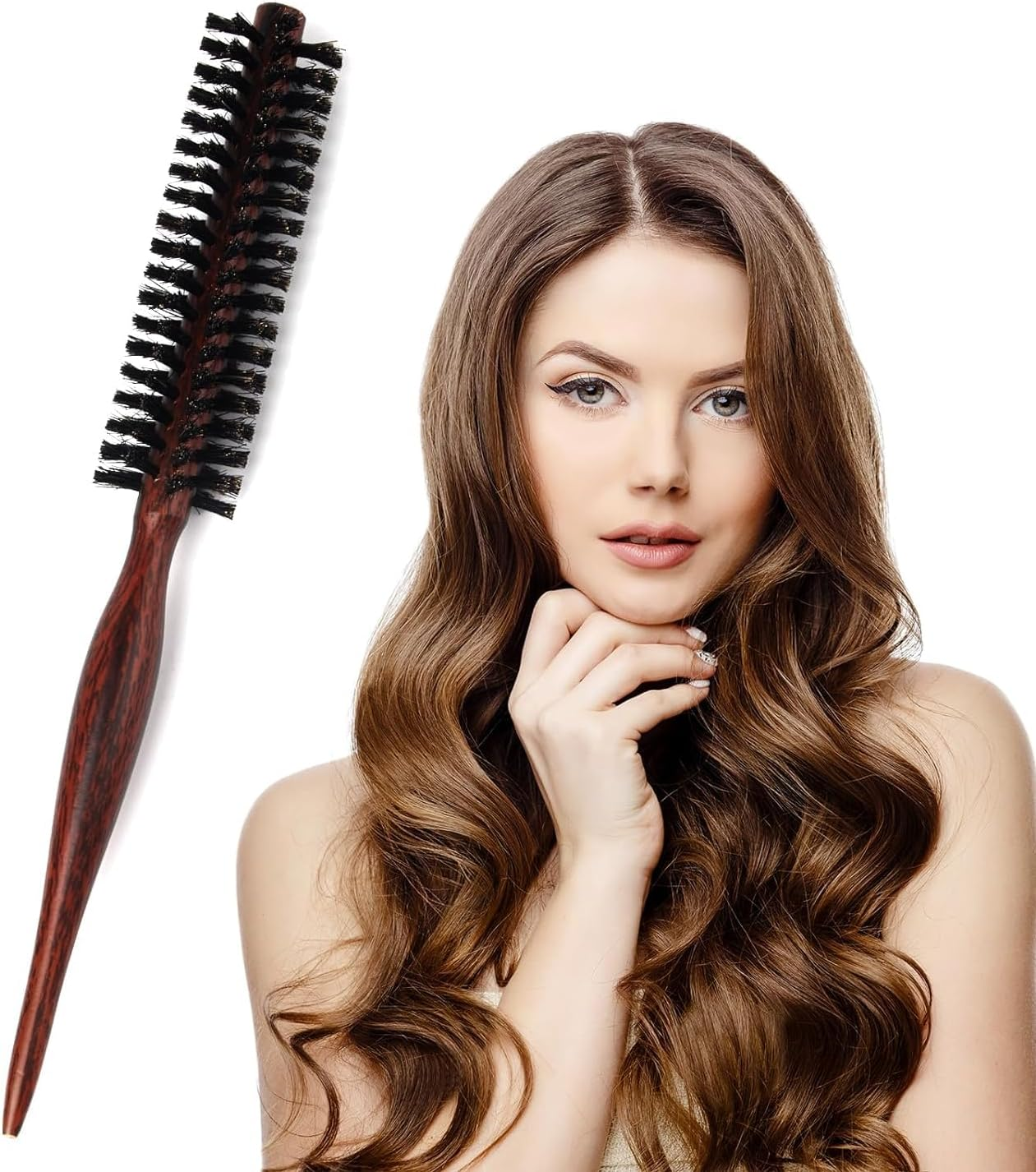 Boar Bristle round Brush, Small Hair round Brush, Portable Natural Bristles, Hair Brush, Travel Brush with Wooden Handle for Short Hair, Thin Long Hair, Mini Beard Brush for Men and Women image number 5