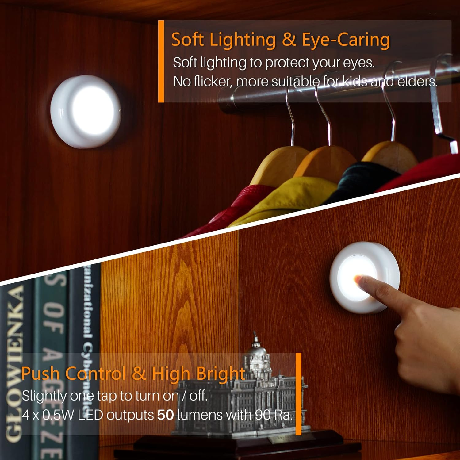 STAR-SPANGLED Push Tap Light, Mini Night Touch LED Puck Lamp, Portable under Cabinet Lighting AAA Battery Operated Powered, DIY Stick on Lights for Closet, Counter, Kitchen (7Cm, Cool White, 5 Pack) image number 1