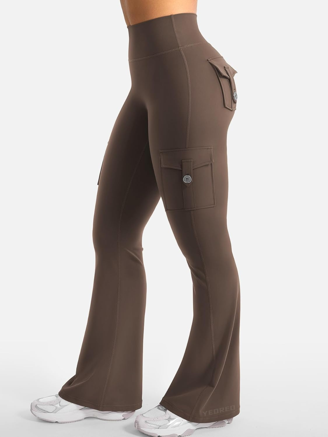 YEOREO Women Workout Flare Leggings with Pockets Hidden Scrunch High Waisted Cargo Gym Yoga Leggings Coffee image number 1