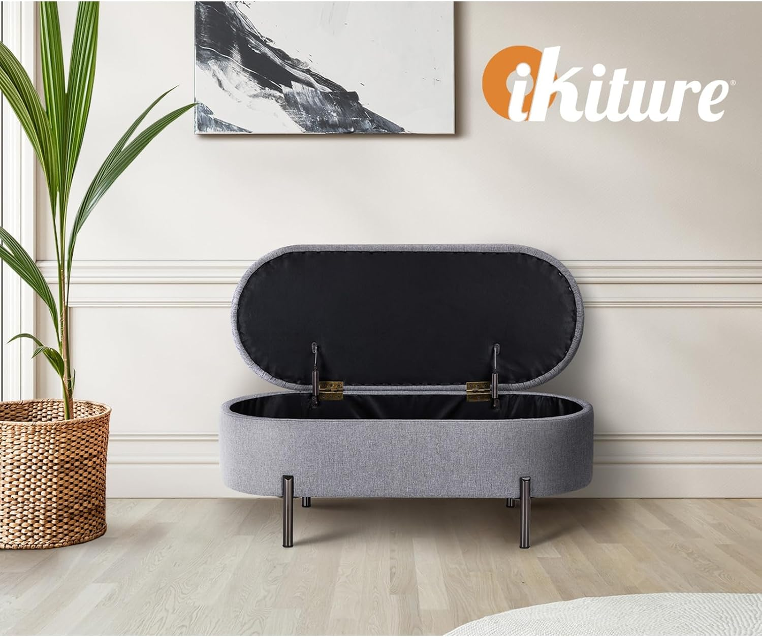 Oikiture Storage Ottoman Oval Linen Ottoman Bench Footstool 98CM Storage Box Chest for Home Bedroom Furniture Toy, Grey image number 5