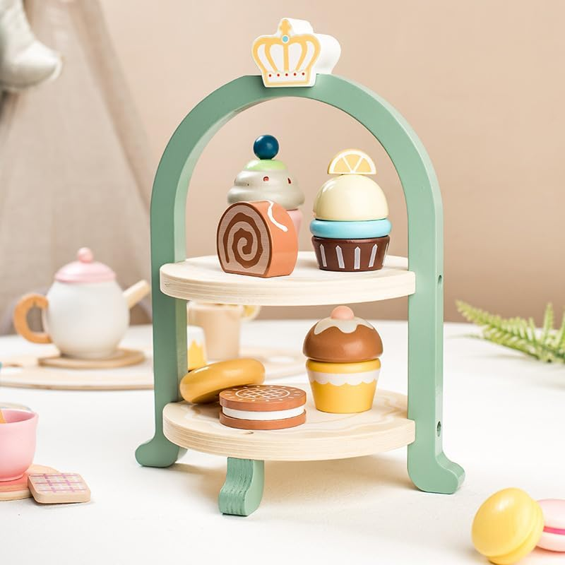 Wooden Tea Party Set for Toddlers 2 3 4 5 6, 24PCS Pretend Play Dessert Set with Cupcake Tower, Teapot, Cups, and Sweets, Montessori Toys Tea Set for Girls Birthday Gift, Kids Tea Party Set image number 4