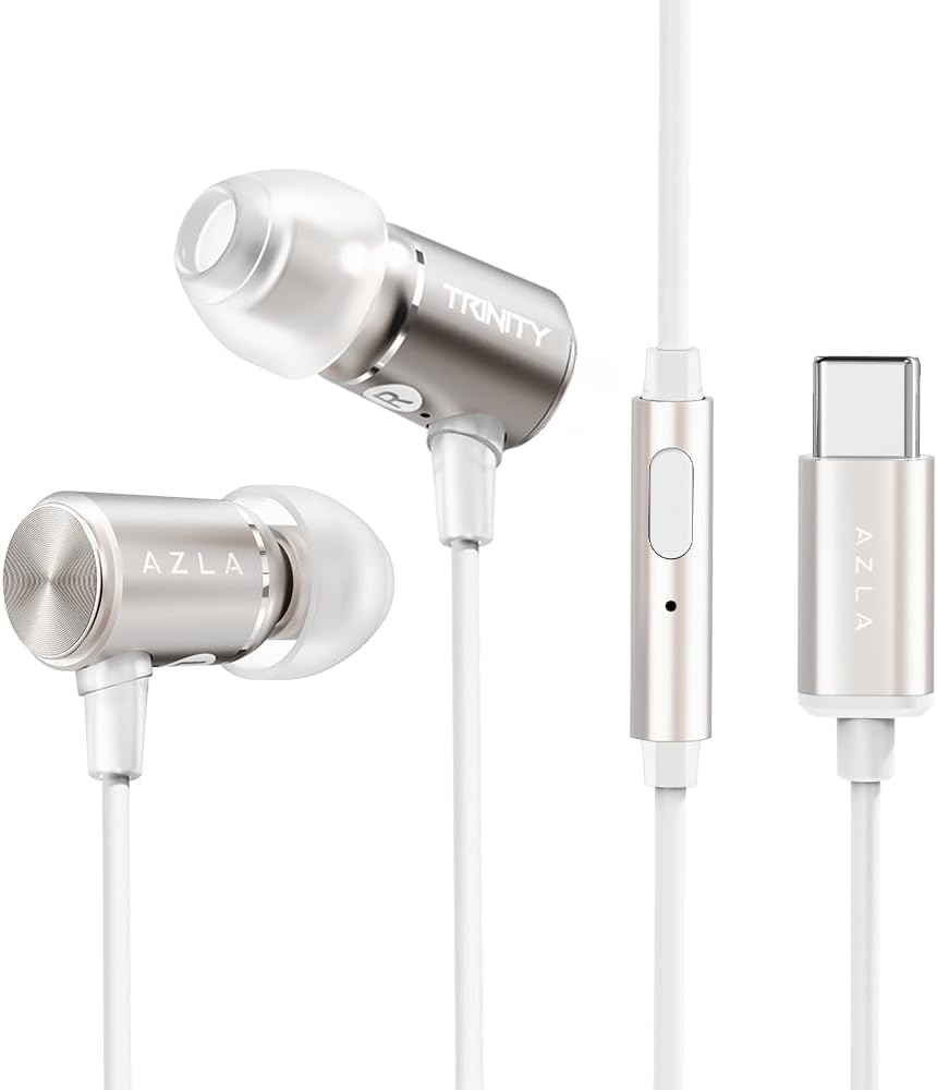 AZLA Trinity USB-C Wired Earphones with Mic & DAC &ndash; High-Resolution Sound, 8Mm Dynamic Driver | USB C Headphones for Iphone 16, Samsung Galaxy, Android Phones | Wired Earbuds with Mic (1, Gold)
