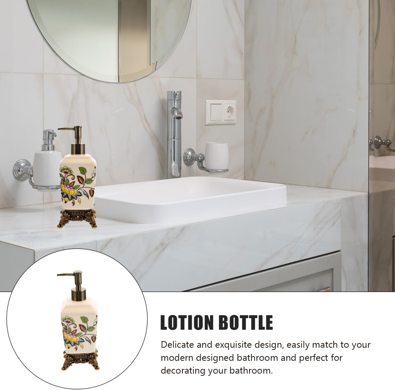 BESTOYARD Vintage Ceramic Soap Dispenser 340ML with Flower Printing Design, Easy-To-Use Lotion Holder for Home and Hotel Use image number 1