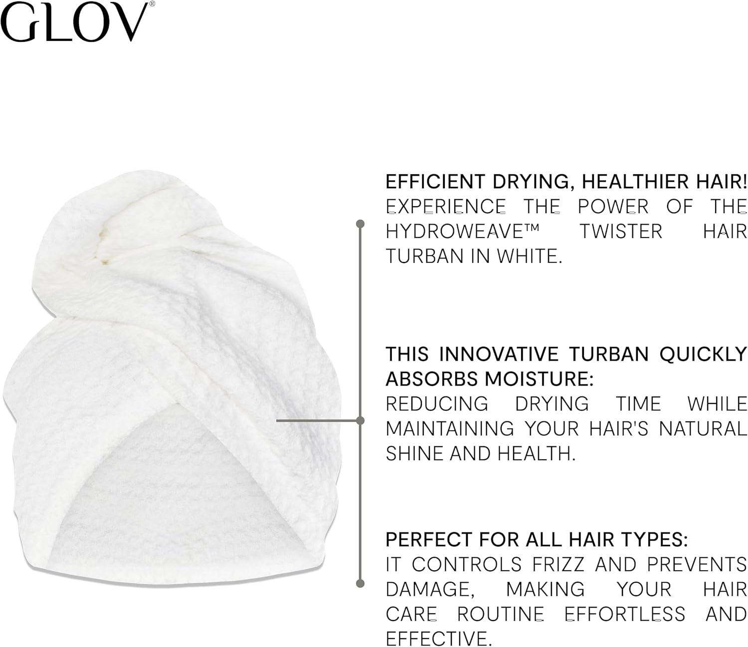 Glov Hydroweave Twister Hair Turban White Quick Drying Moisture Absorbing Frizz Reducing Elastic Versatile for All Hair Types Easy Care Gentle and Safe