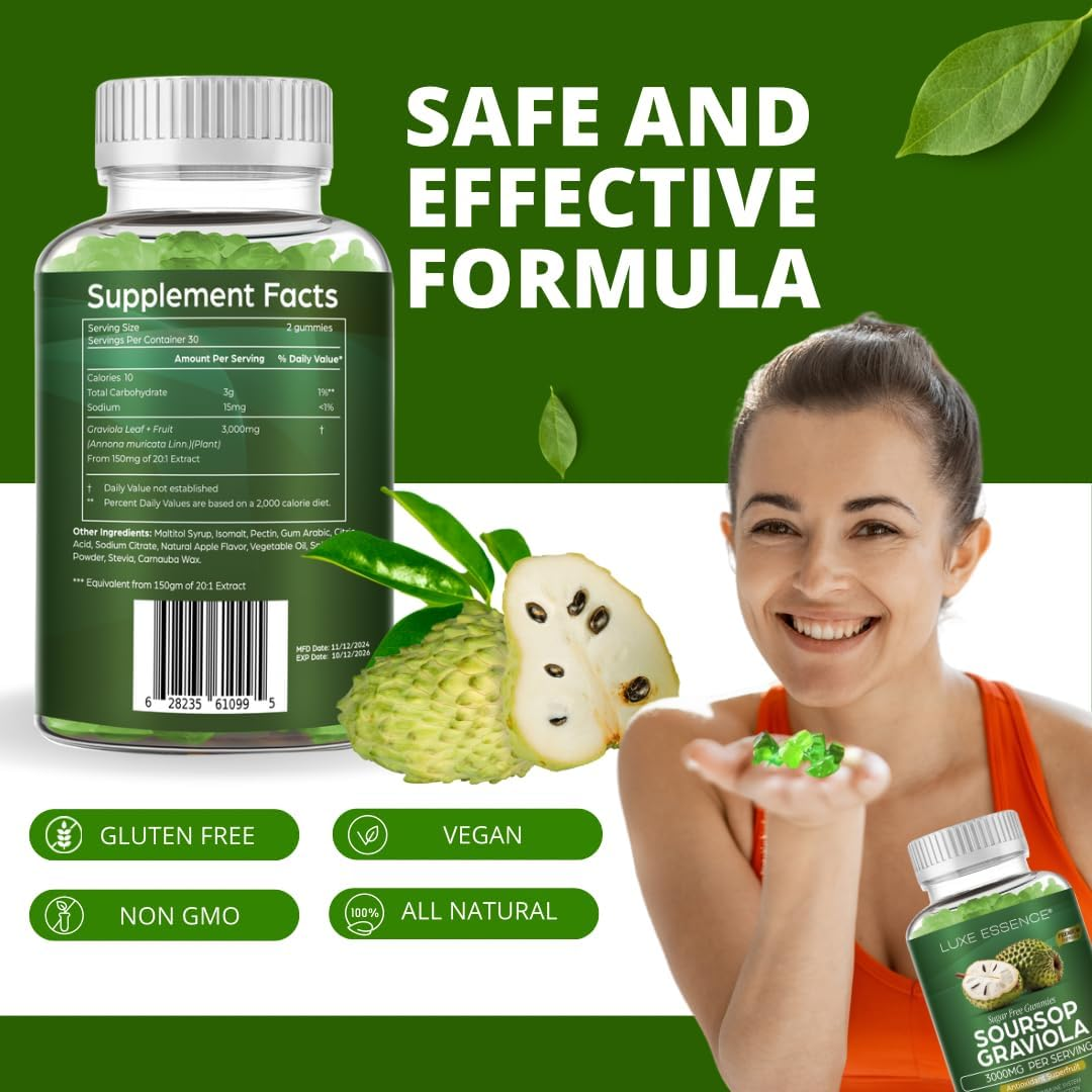 Soursop Graviola Gummies 3000Mg | Soursop Leaves & Fruit Gummies | Graviola Extract | Immune & Digestive Health Support | Sugar-Free, Gluten-Free, Non-Gmo, Vegan Friendly | Natural Apple Flavor | 60 Count