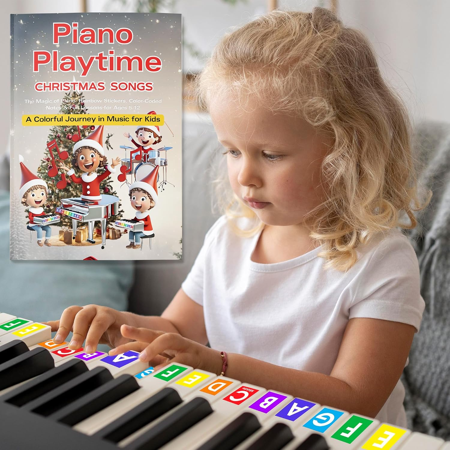 QMG Piano Playtime Christmas Beginner Piano Book for Children and Rainbow Color Piano and Keyboard Stickers image number 1