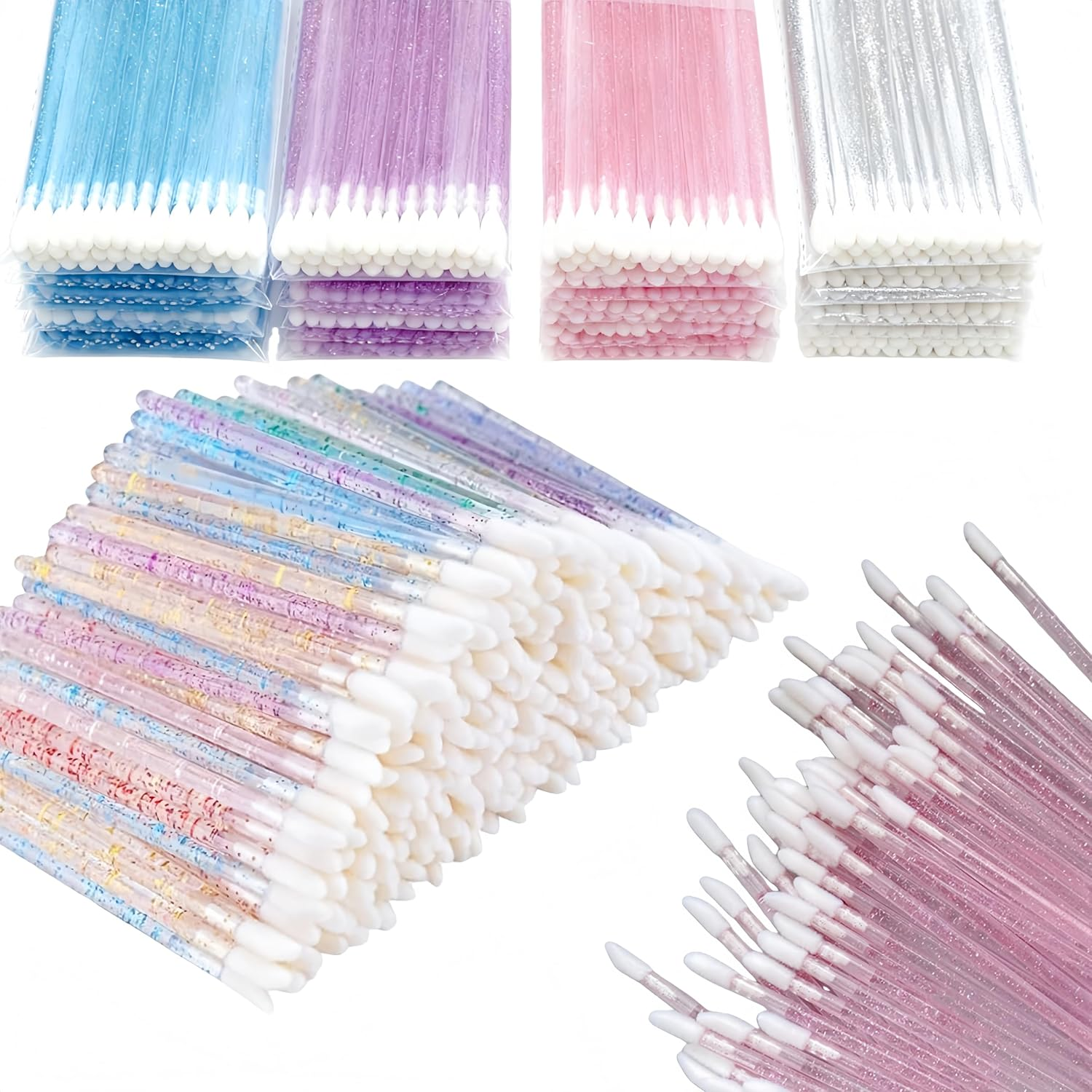 QIAOXUFE 200Pcs Make-Up Lipstick Brush, Lip Gloss, Concealer Brush, Lipstick Stick Applicator, Lip Applicator Tool for Perfect Lip Makeup（50Pcs Pink+50Pcs Blue+50Pcs Purple+50Pcs Black)Crystal Stick Lip Brush image number 1