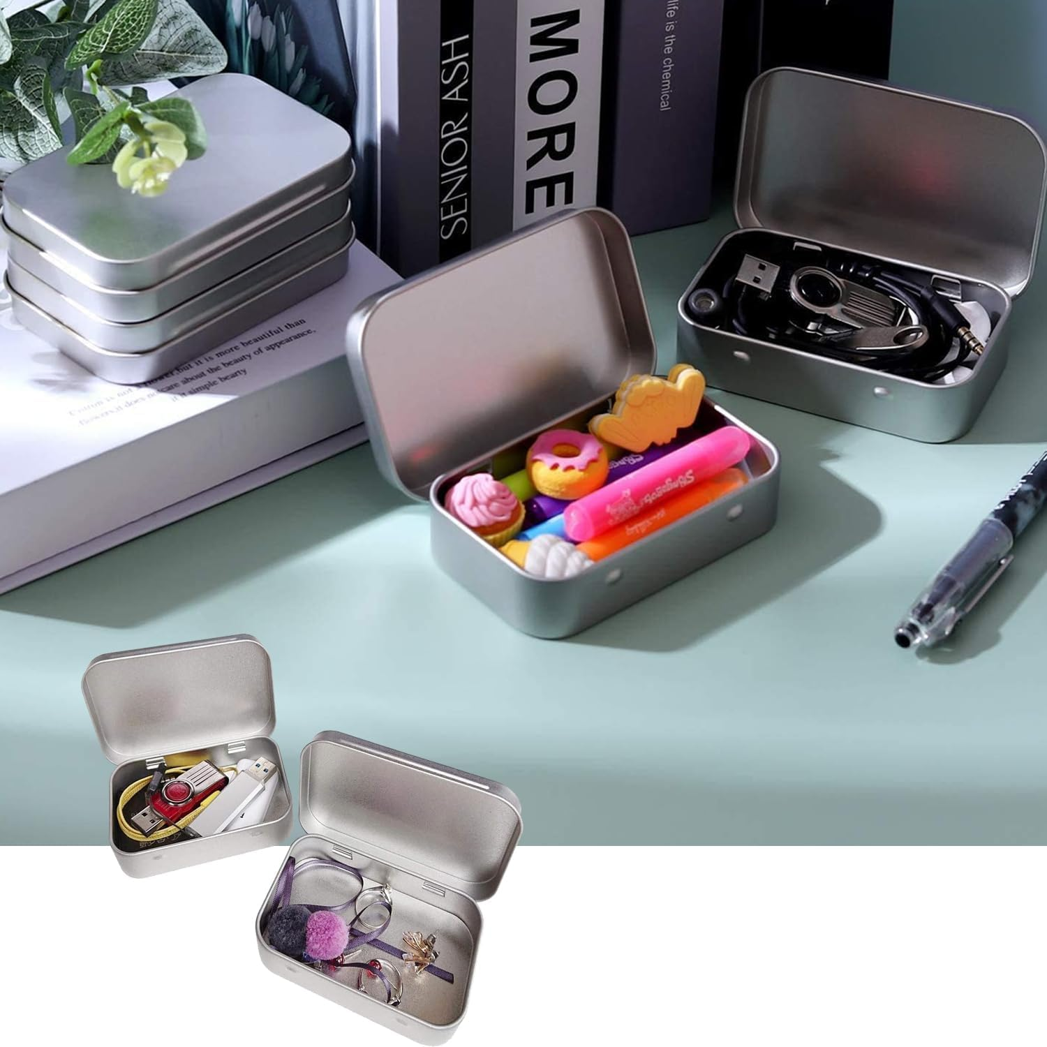 3-Pack Tin Box Candy Key Earrings Coin Metal Storage Box Small Portable Tin Metal Iron Box Metal Empty Hinged Tins Storage Boxes (Silver) image number 6