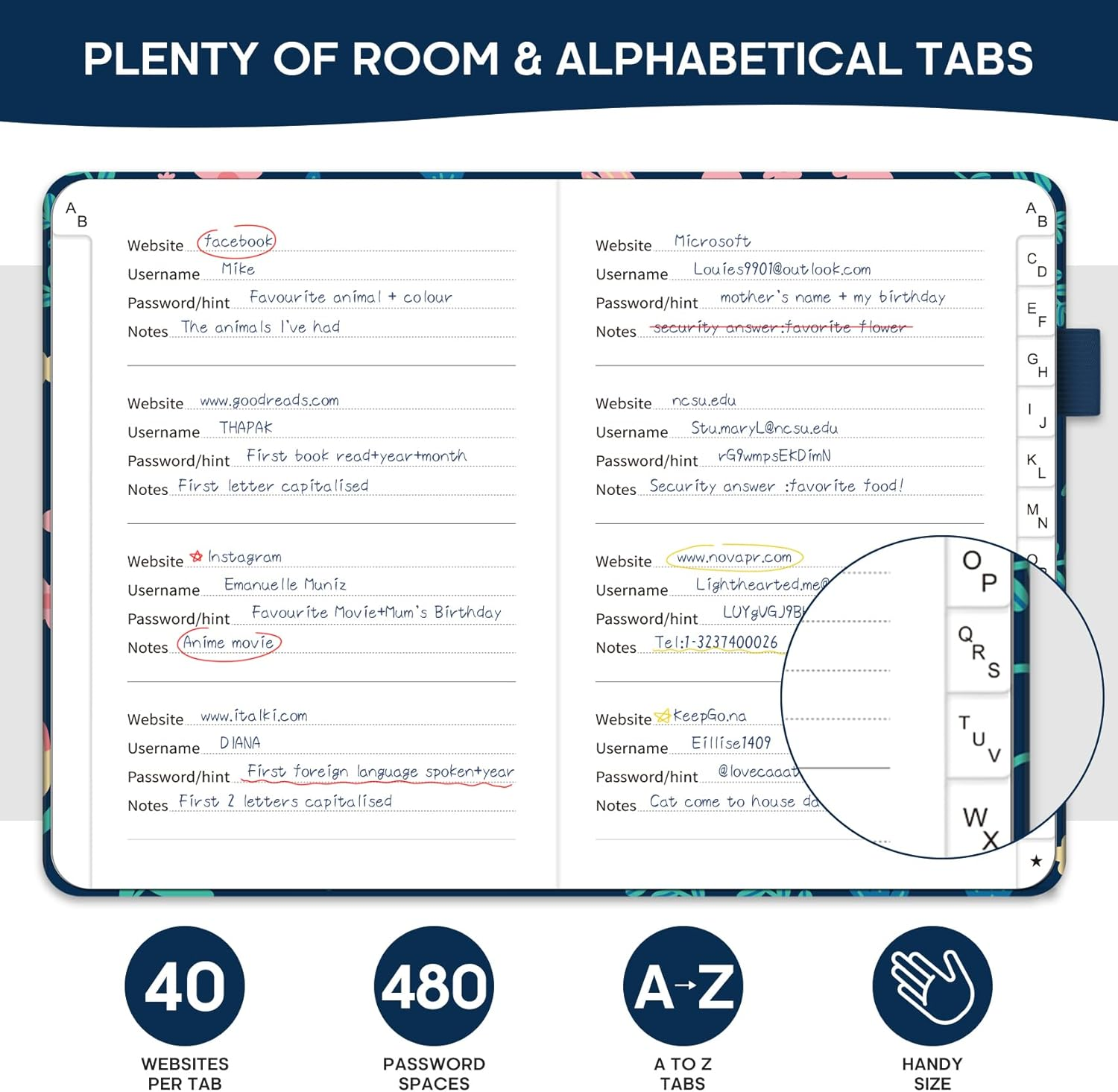 Taja Password Keeper Book with Alphabetical Tabs，Small Password Books for Seniors, Password Notebook for Internet Website Address Log in Detail, Password Logbook to Help You Stay Organized - Flower image number 3