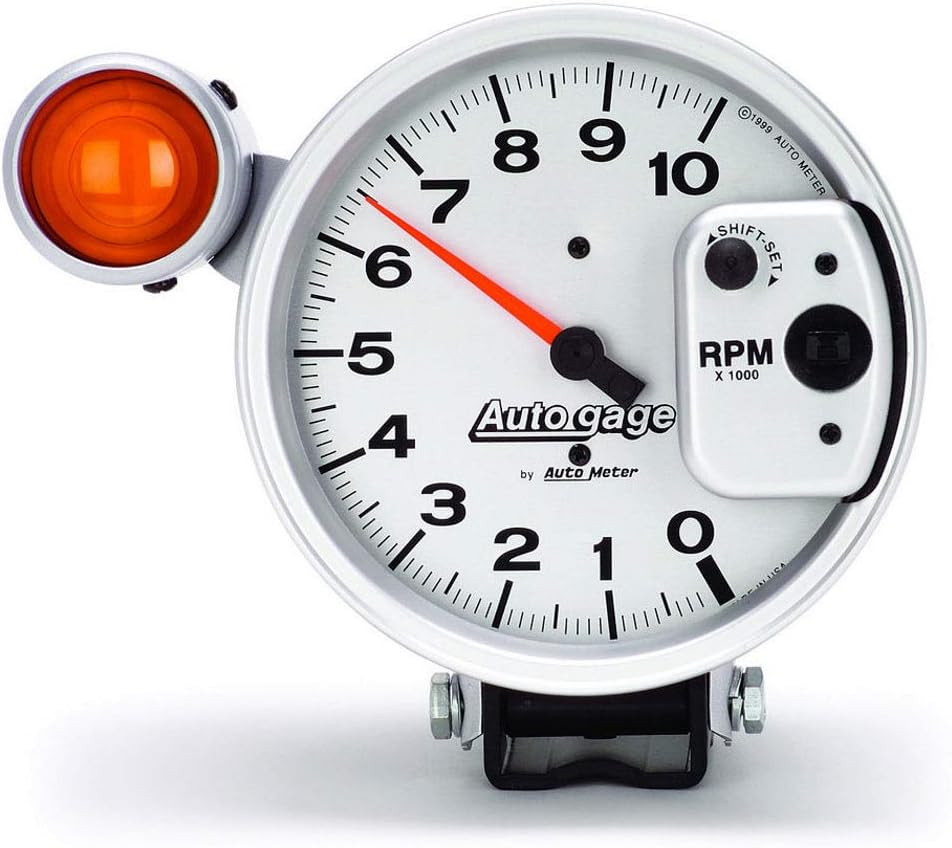Autometer Gauge, Autogage, Tachometer, 5 In., 0-10K RPM, Pedestal W/ EXT. Shift-Lite, Silver, Each