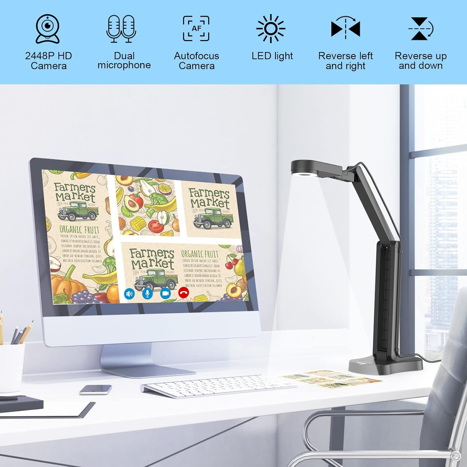 PAKOTOO 8MP Document Camera School & Visualizer for Classroom with Dual Microphone, 3-Level LED Light, up and Down, Left and Right Image Reversal, Multi-Jointed, for Distance Learning and Learning image number 5