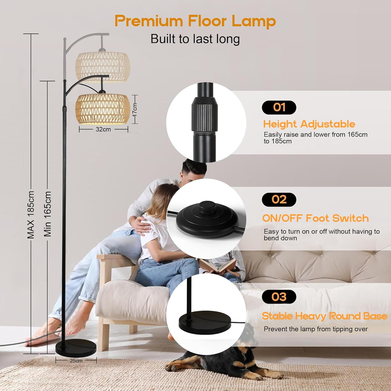 TUXOIUBA Smart Floor Lamp with Rattan Shade, 165-185Cm Adjustable Height, Remote & App Control, Dimmable LED with Timer image number 3