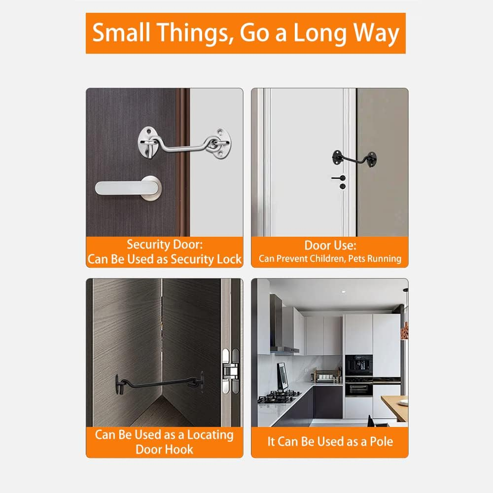 2Pcs Stainless Steel Cabin Door Hook & Eye Latch Lock Shed Gate Catch Silent Holder 10" image number 3