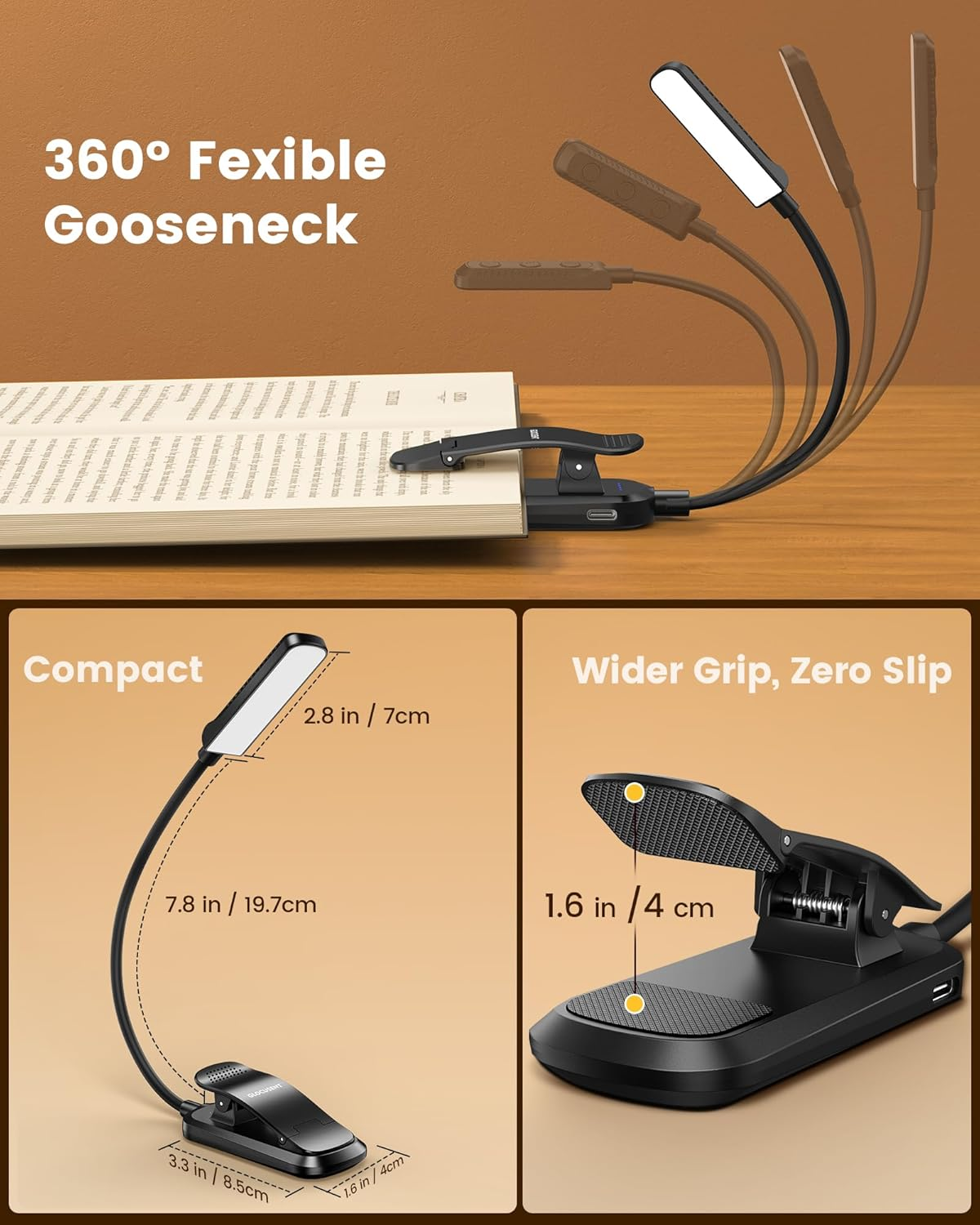 Glocusent 13 Leds Book Lights for Reading at Night, 120 Hrs Runtime Rechargeable Reading Light, Eye Caring 3 Colors & 5 Stepless Dimming Brightness 3&ndash;60LM, Flexible Clip on Light for Book Lovers Kids image number 4