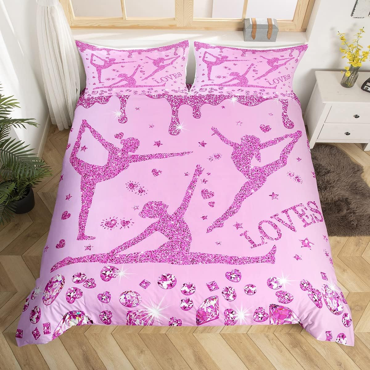 Homewish Gymnastics Duvet Cover 135 X 200 Cm Children, Gymnastics Lovers Bedding Set for Girls Teenagers, Space Stars Glitter Duvet Cover Set with Starry Sky Rainbow Decor 3D Pattern Teal