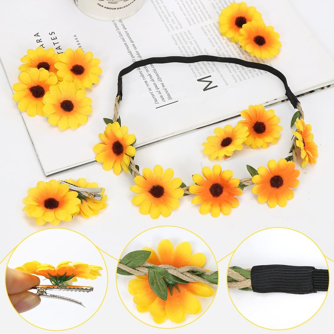 Sunflower Hair Band, Flower Headband with 10 Hair Clips, Sunflower Hair Accessory Set, Sunflower Headband for Women, Carnival, Bridal, Holiday by the Sea, Wedding, Party image number 4