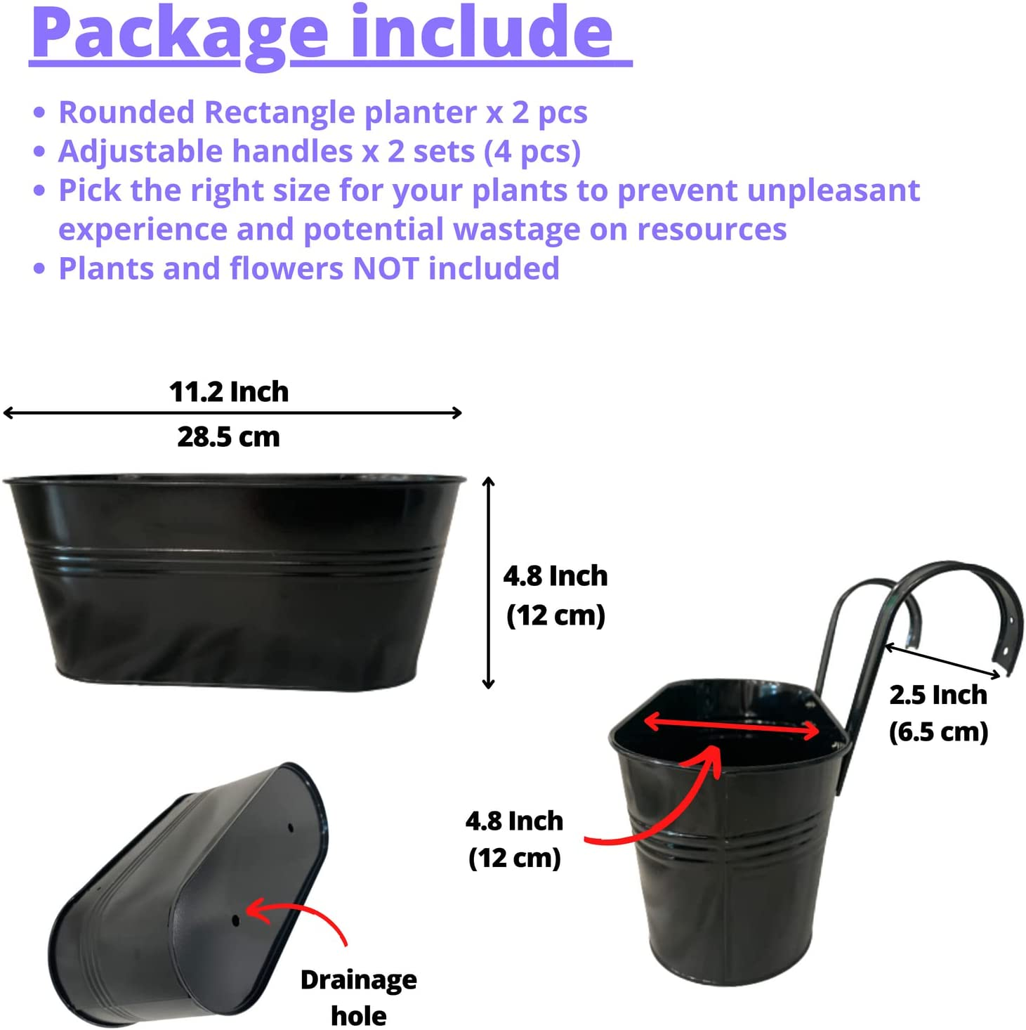 Lalagreen Railing Planter - 2 Pack, 11.2 Inch Black Metal Iron Hanging Flower Pots Deck Rail Fence Hanging Bucket Modern Countryside Style Window Box Plant Holder with Hooks for Outdoor Porch Decors image number 1