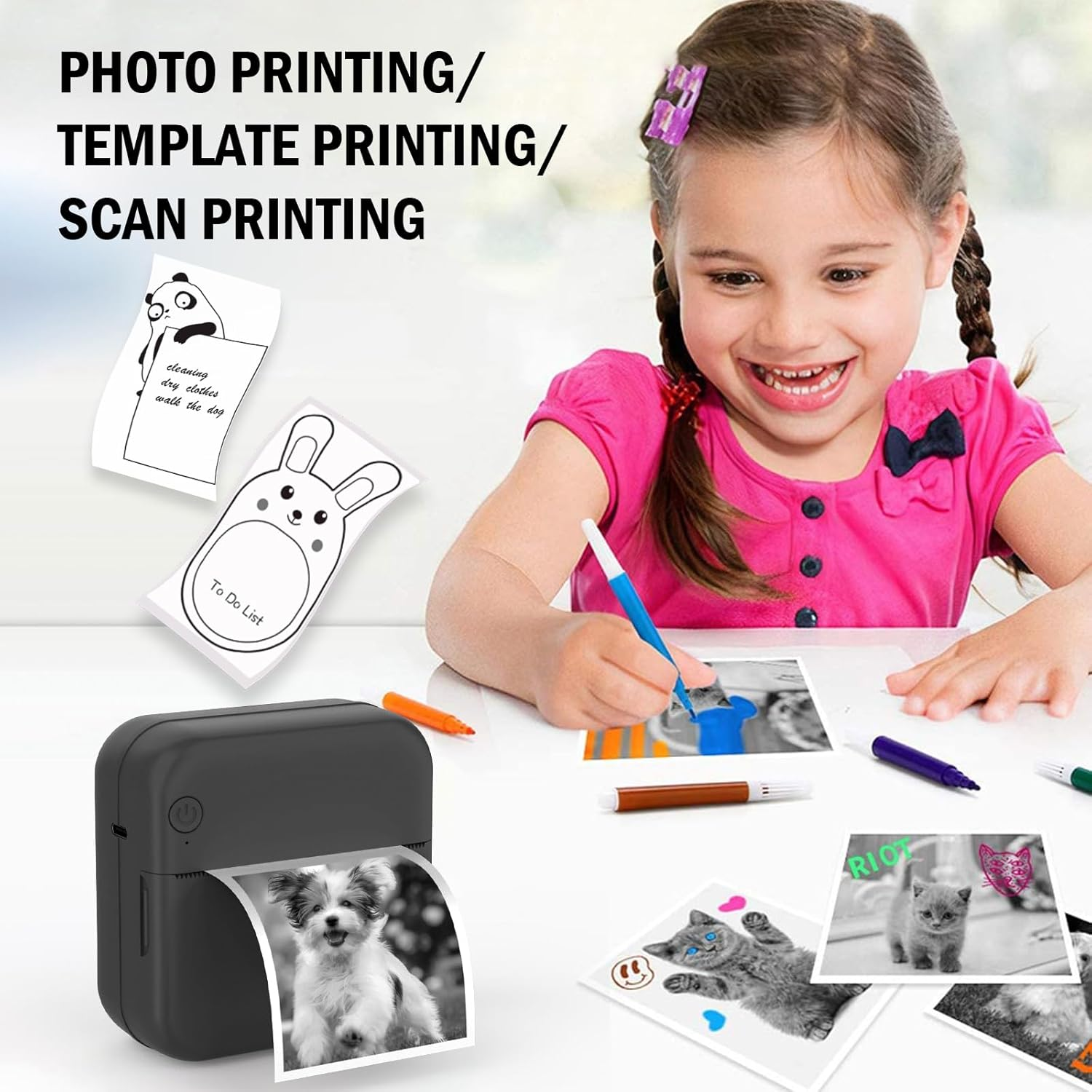 HUIJUTCHEN Inkless Mini Thermal Pocket Printer, Wireless Mini Sticker Printer with 10 Rolls Thermal Paper for Ios&Android, Portable Mini Photo Printer for Notes Journal Memo Photo Study, Black