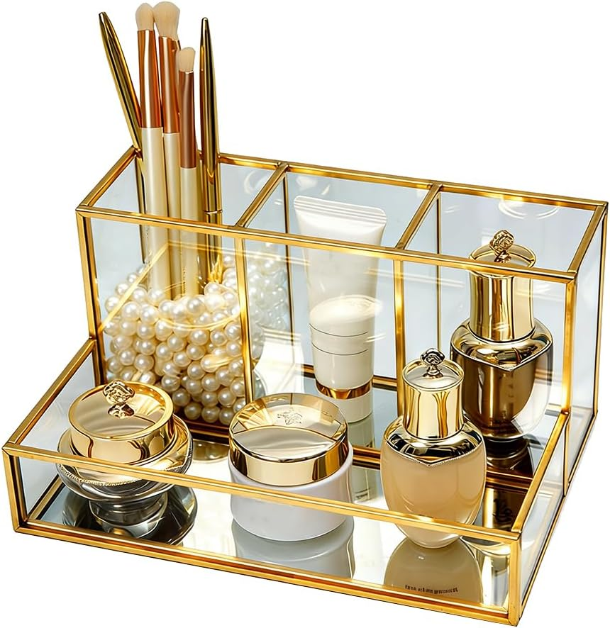 Makeup Organizer, Gold Glass Cosmetic Box, Makeup Brush Organizer Holder, Beauty Organizer Holder, Large Capacity Cosmetic Display Case for Perfume, Jewellery, Brushes image number 5