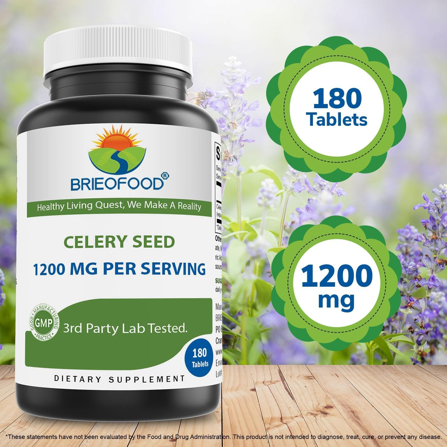 Brieofood Celery Seed 1200 Mg per Serving- 180 Tablets, Gluten Free, and Non-Gmo