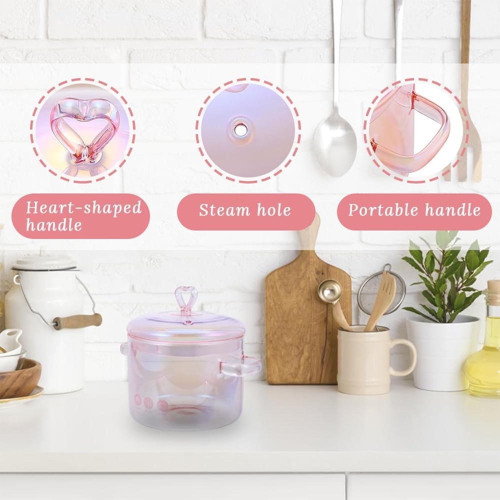 GUDAJIN Pink Transparent Glass Pot, 1500 Ml Soup, Stew, Cooking Pot, Heart-Shaped Handle Lid, Suitable for Pasta, Soup, Milk, Noodles, Vegetable Soup and Salad (Pink) image number 1