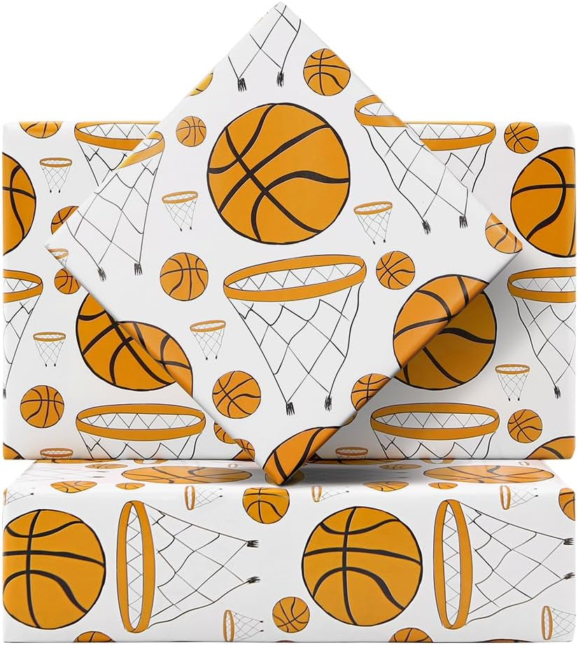 Basketball Wrapping Paper for Men Women, Large & Small Basketballs/Hoops Patterns on White Art Paper - Sports Theme Design for Basketball Player Kids Boys Girls Birthday Party Match Gift Wrap Paper image number 6